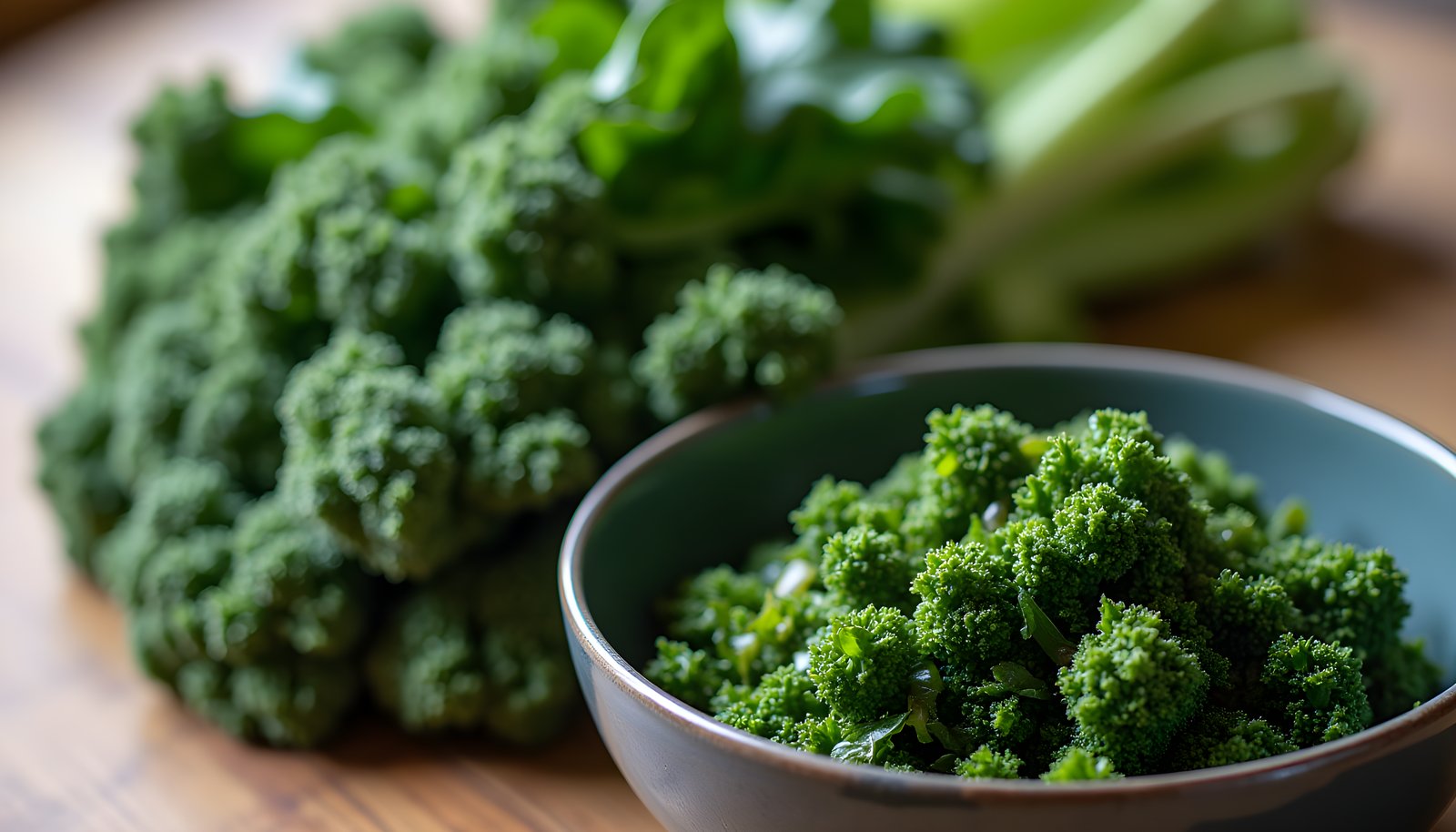 Kale fiber shown with a bunch of fresh curly green kale and a blue bowl of tender sautéed kale in front of it