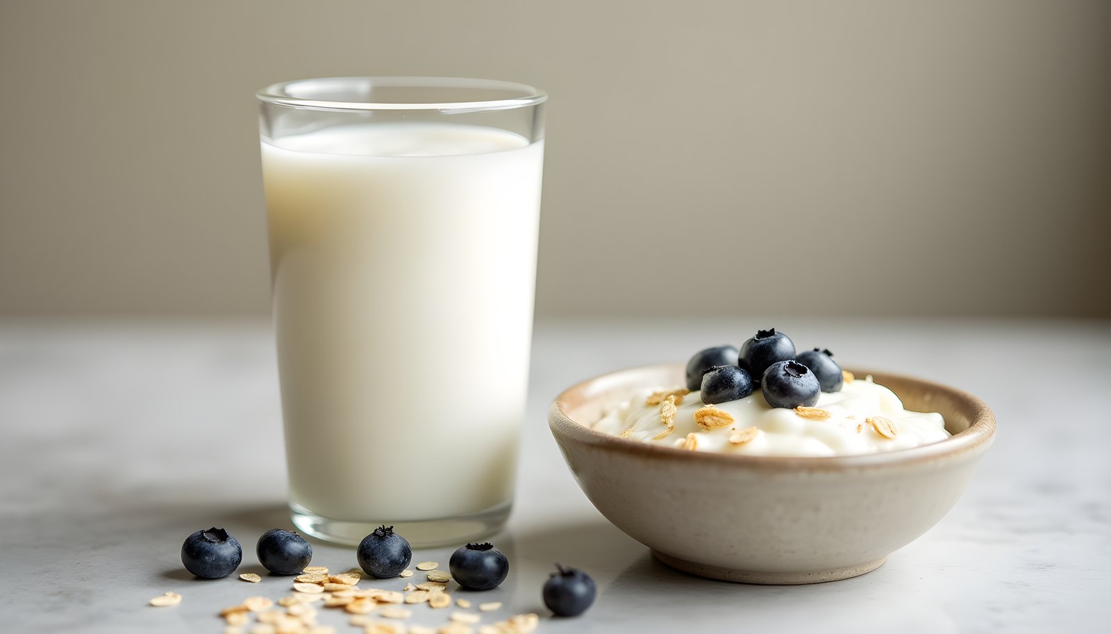 Kefir fiber shown with a tall glass of creamy white kefir beside a small bowl of kefir topped with blueberries and oats