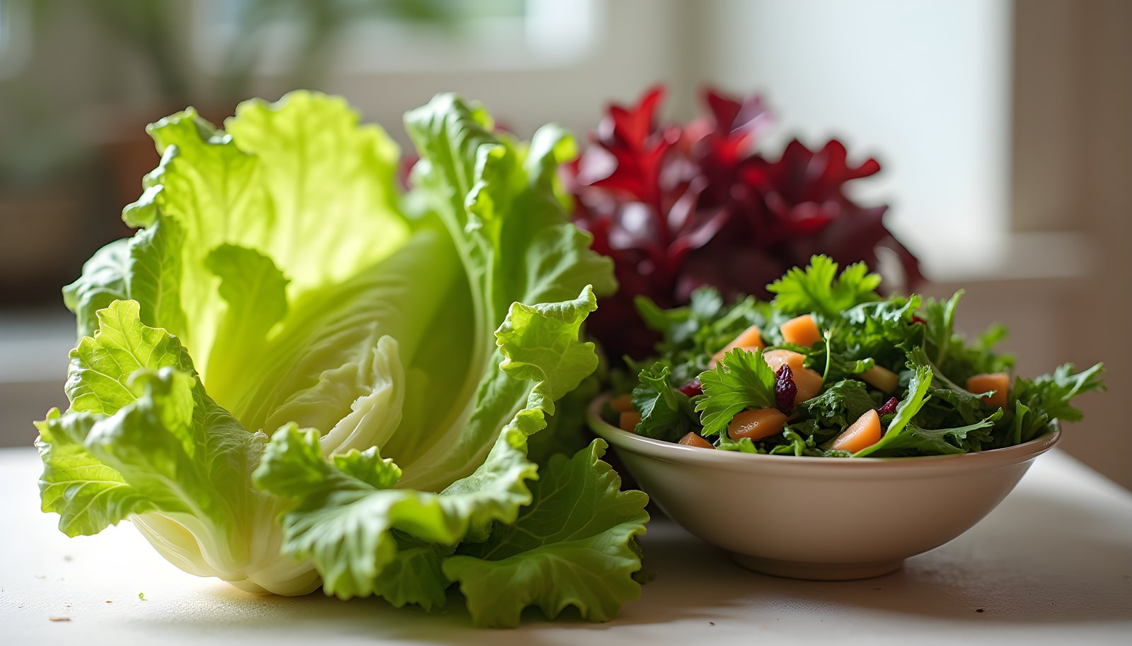 Lettuce fiber shown with a head of green leaf lettuce, red leaf lettuce and a bowl of mixed salad greens on a table