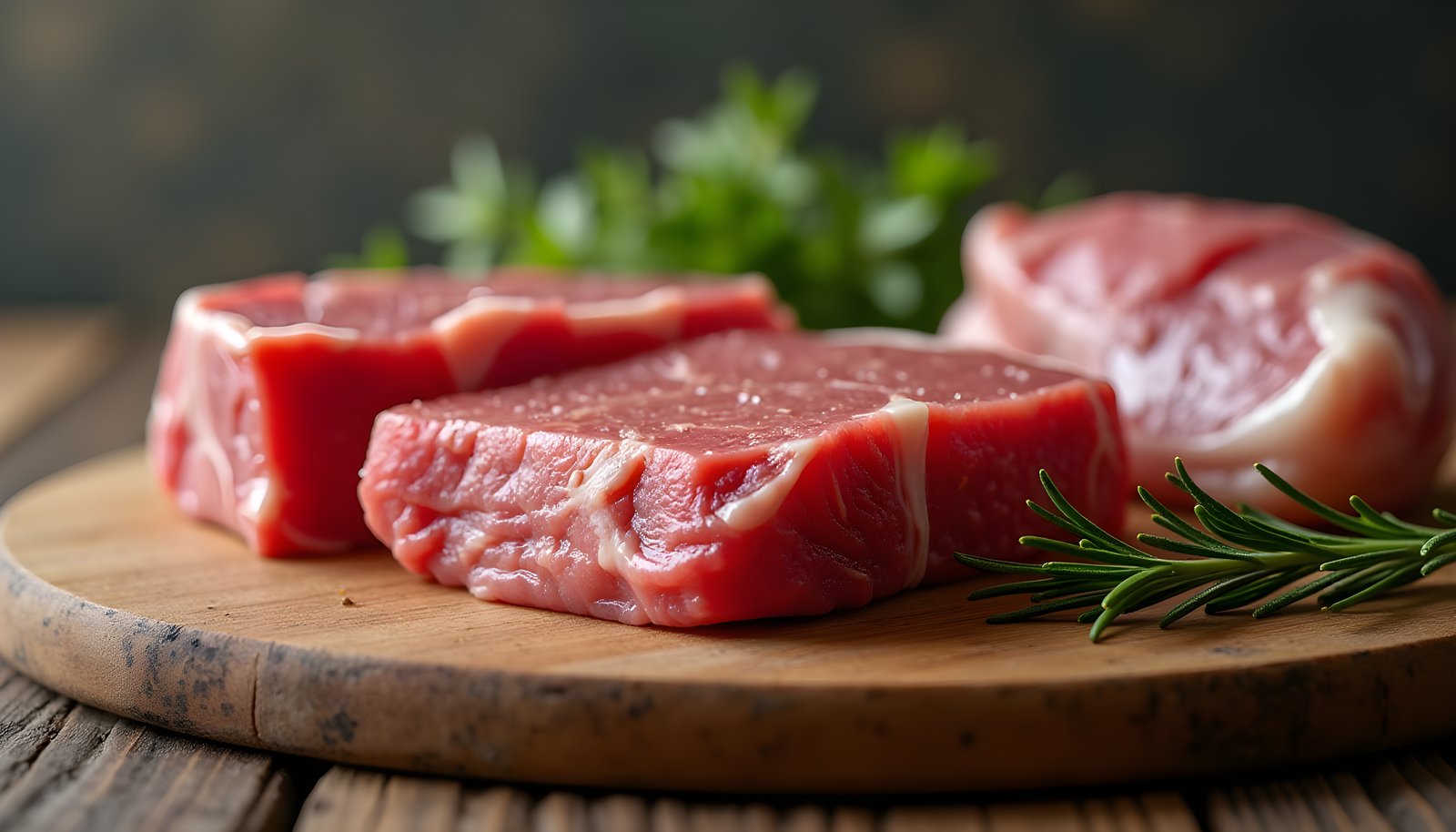 Meat and fiber shown with raw beef steaks and a pork cut on a round wooden butcher board with rosemary and parsley