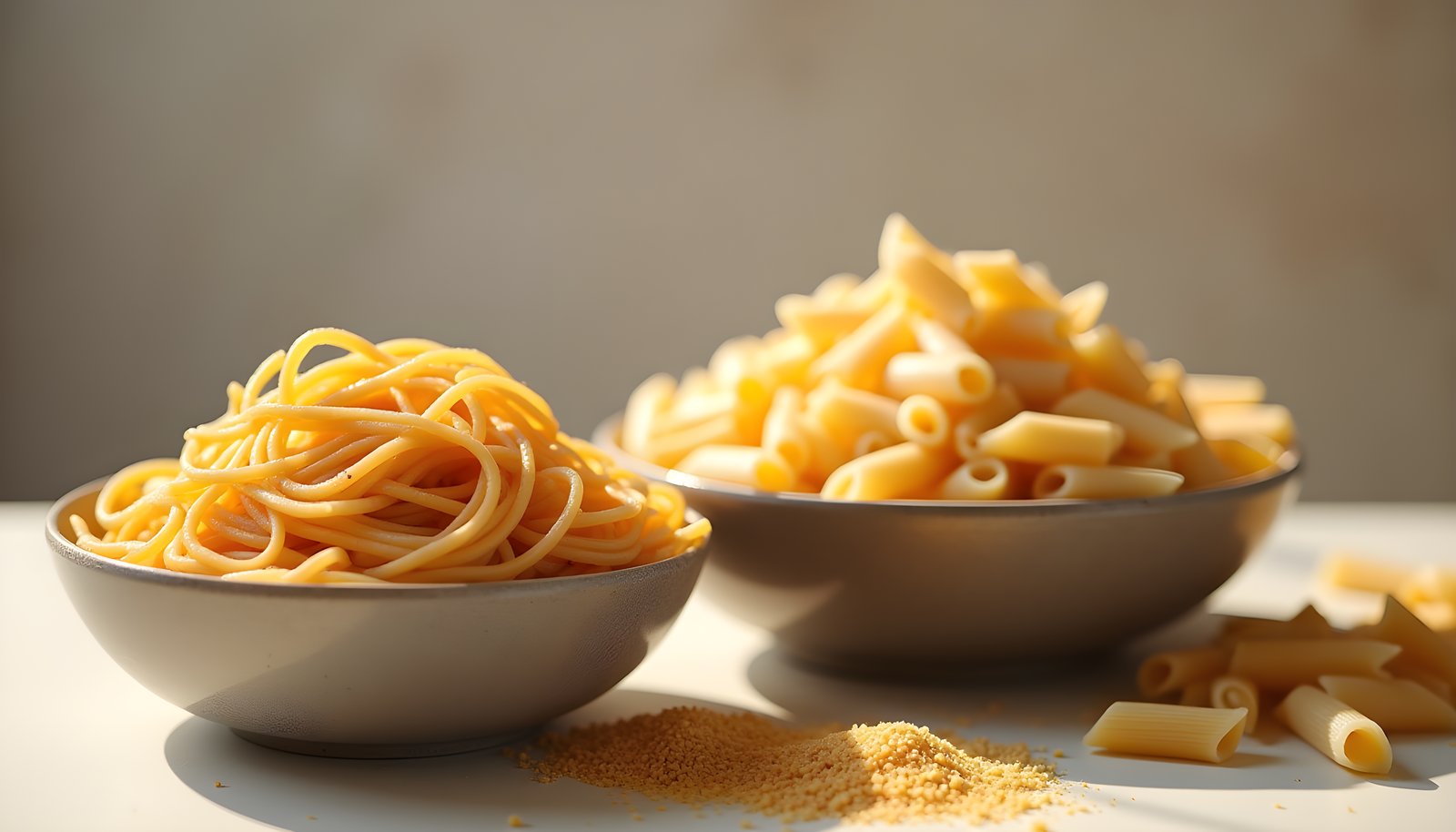 Pasta fiber shown with a bowl of spaghetti and a bowl of penne pasta side by side with dry penne on the table