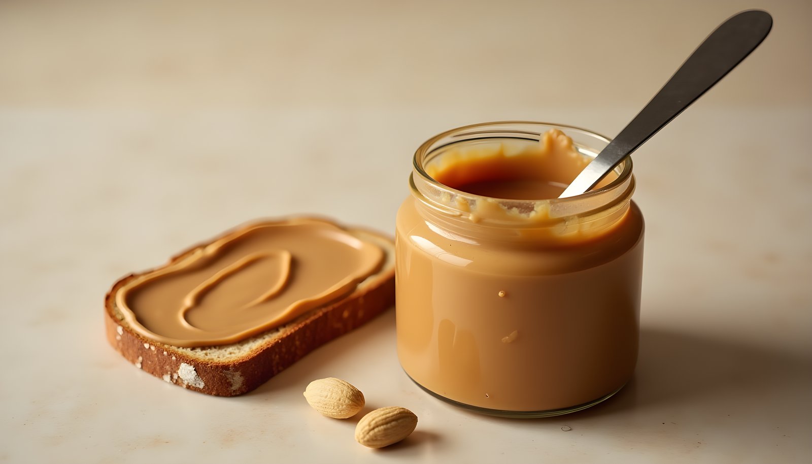 Peanut butter fiber shown with an open jar of creamy peanut butter, a spoon, a slice of toast spread thick and peanuts