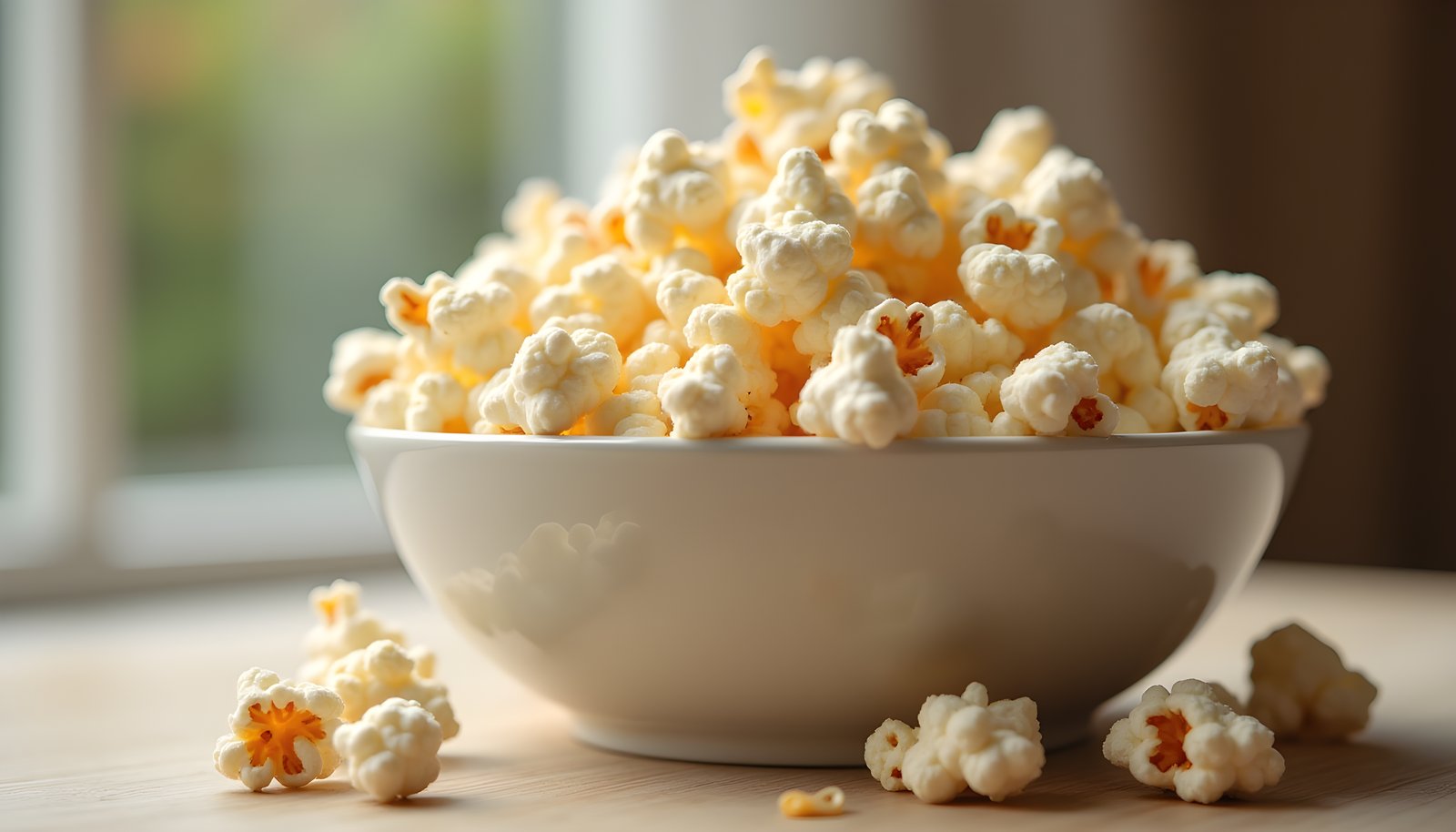 Popcorn fiber shown with a white bowl heaped with fluffy air-popped popcorn and a few loose pieces on a light table