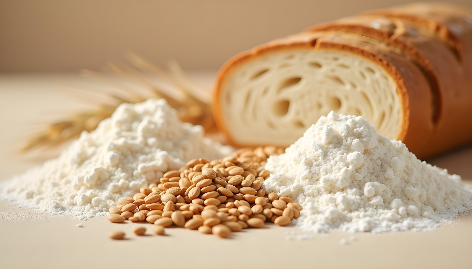 Food processing and fiber shown with whole wheat grains between piles of white flour, with a sliced loaf of bread