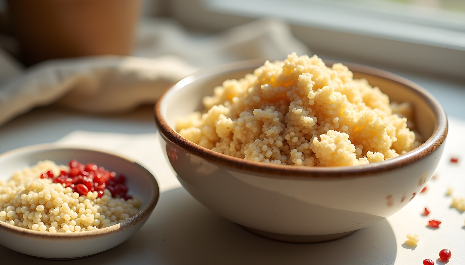 Quinoa fiber shown with a bowl of fluffy cooked quinoa and a small dish of dry white and red quinoa seeds beside it