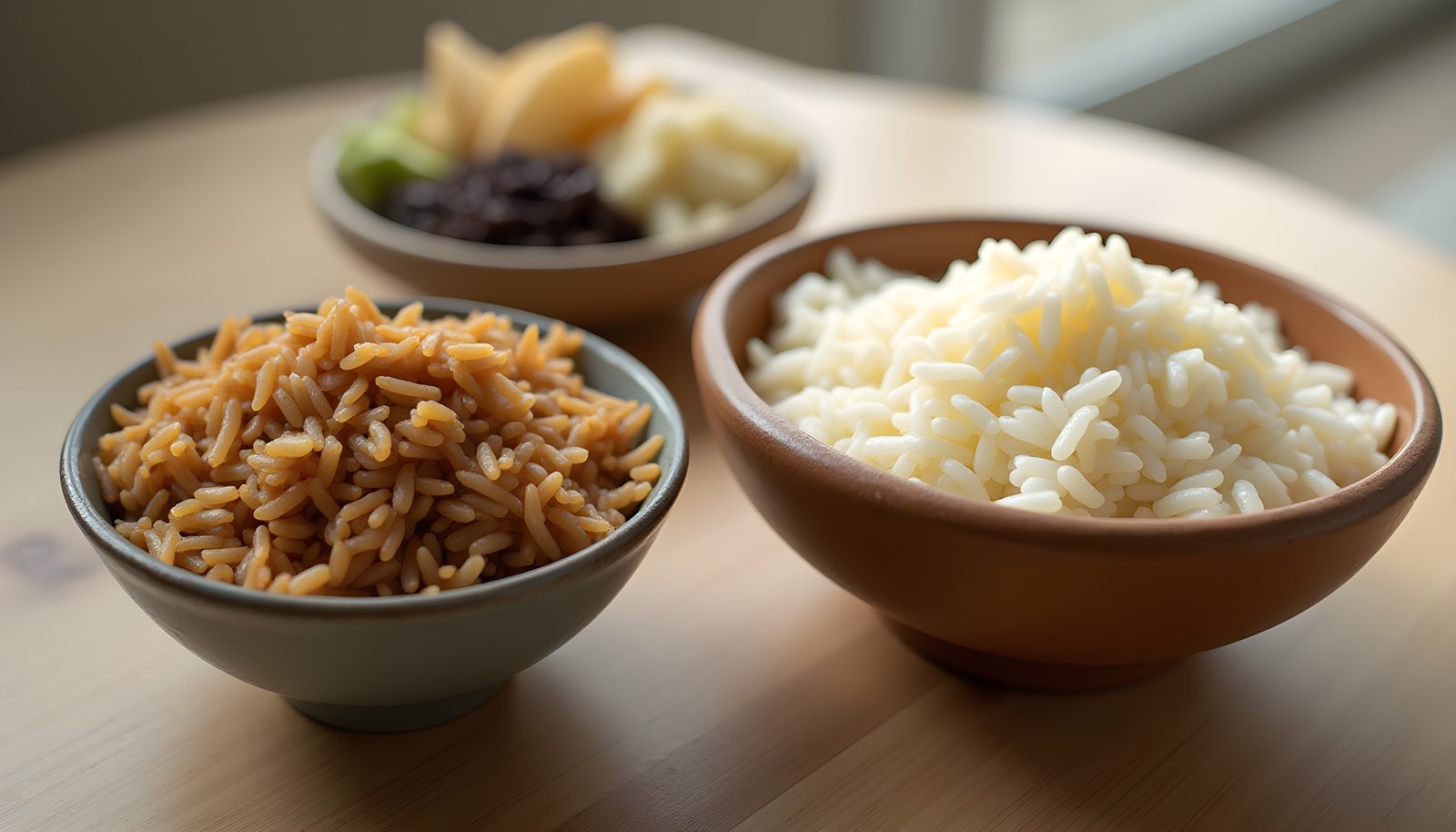 Rice fiber shown with a bowl of cooked brown rice, a bowl of fluffy white rice and a small dish of dark wild rice behind