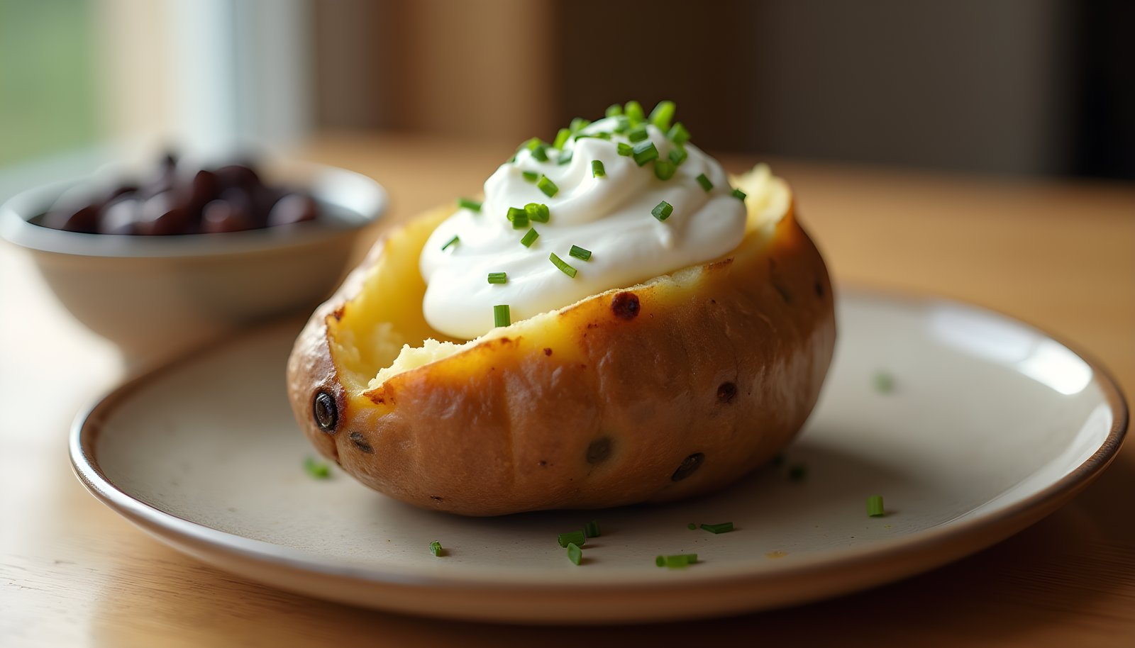 Sour cream and fiber shown with a baked potato topped with sour cream and chives beside a small bowl of black beans