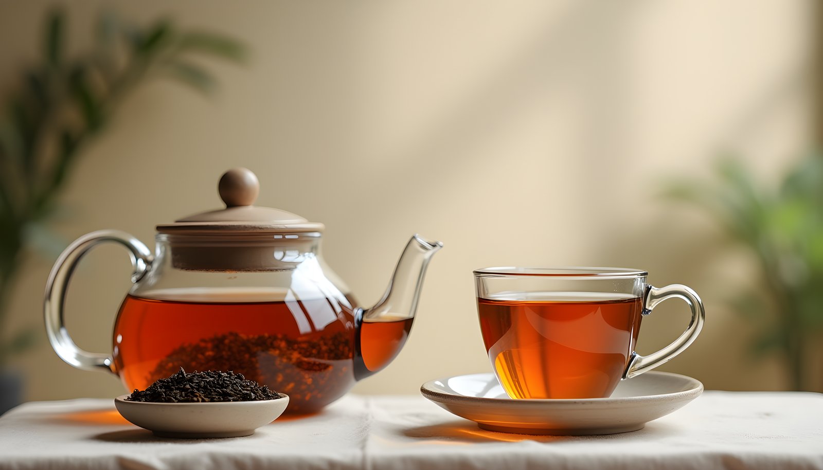 Tea fiber shown with a glass teapot of amber brewed tea, a cup of tea on a saucer and a dish of loose tea leaves