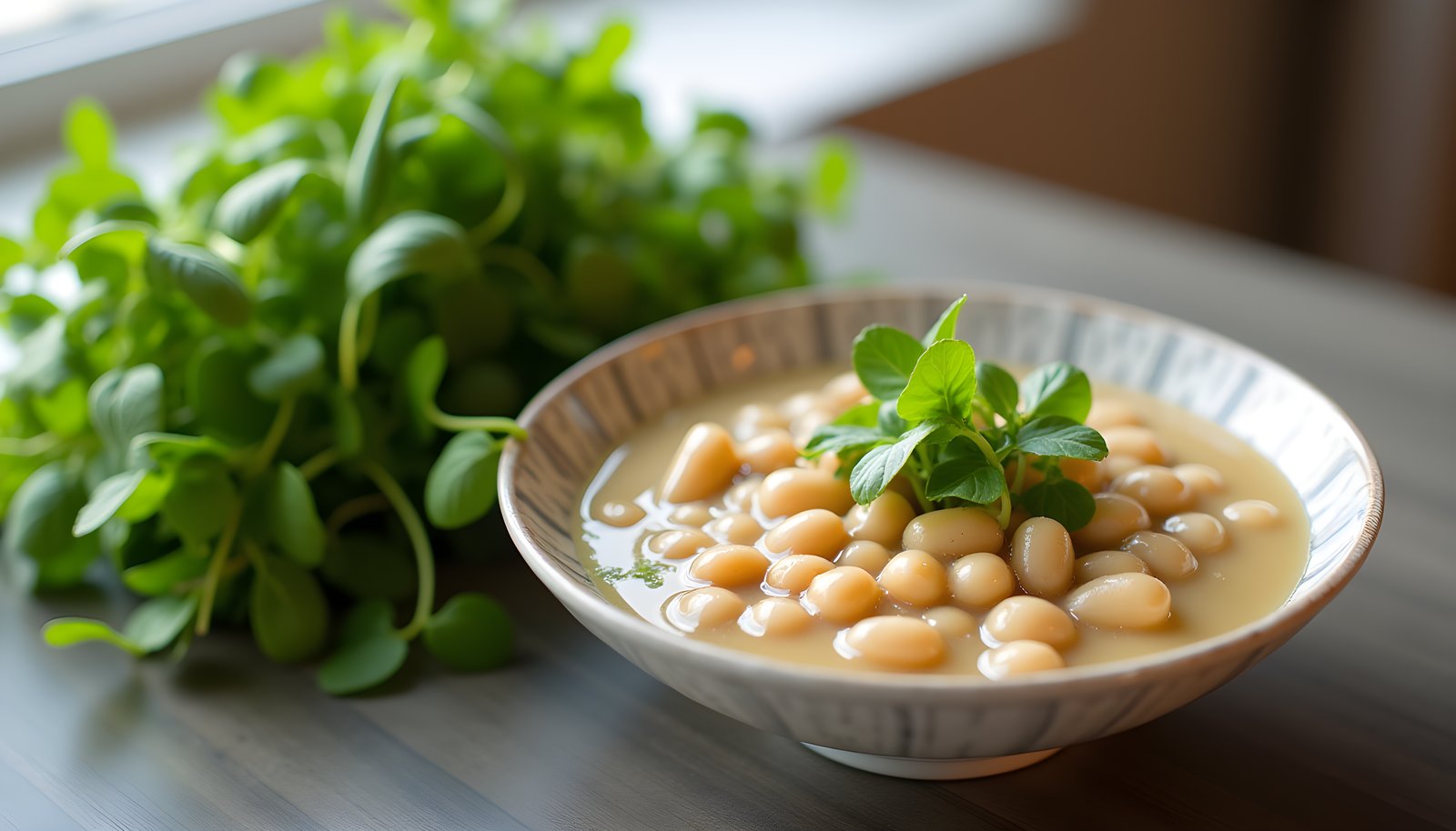 Watercress fiber shown with a bunch of fresh watercress beside a bowl of white bean soup topped with watercress sprigs