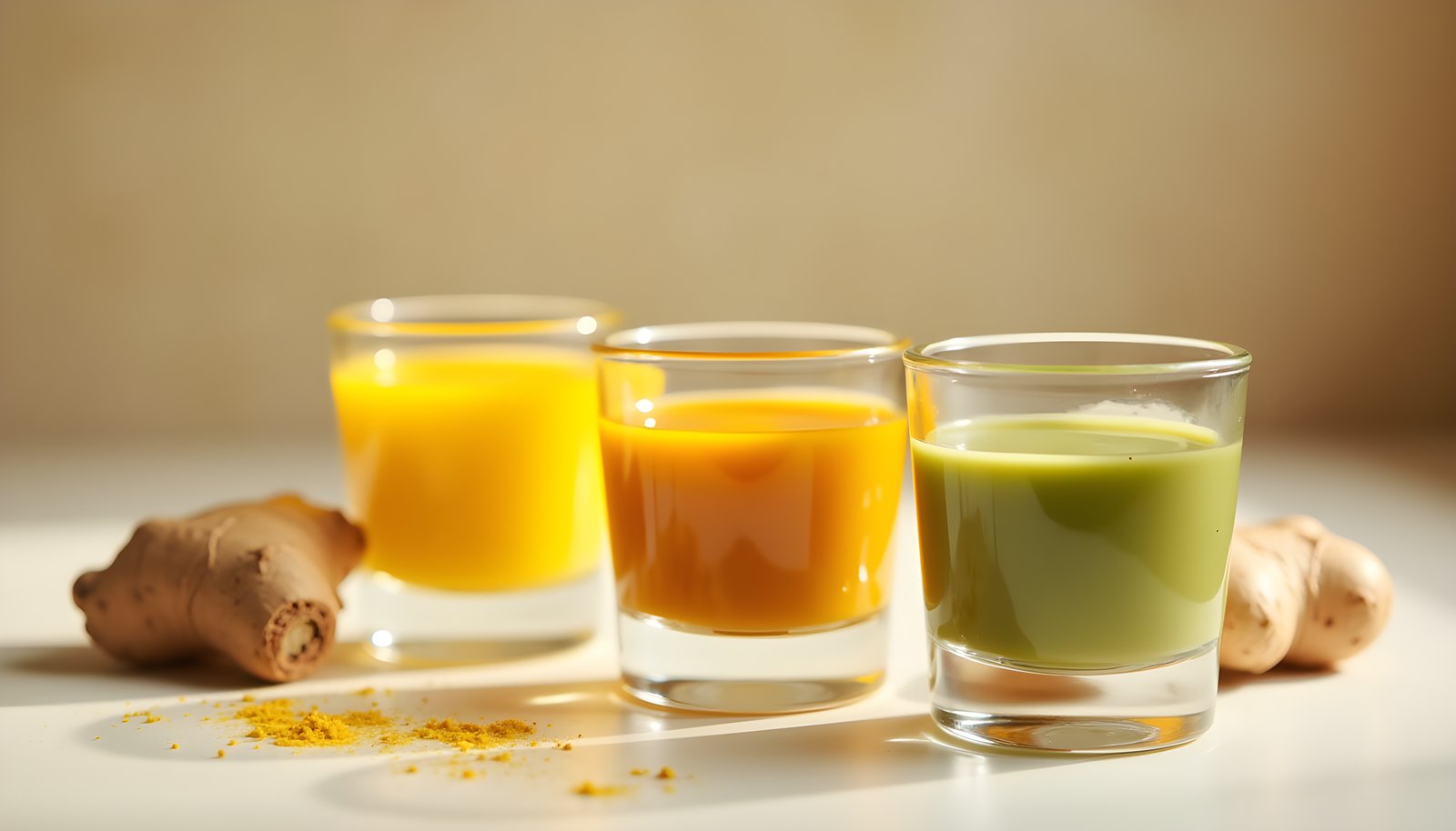 Wellness shot fiber shown with three small glasses of yellow, orange and green shots beside fresh ginger root