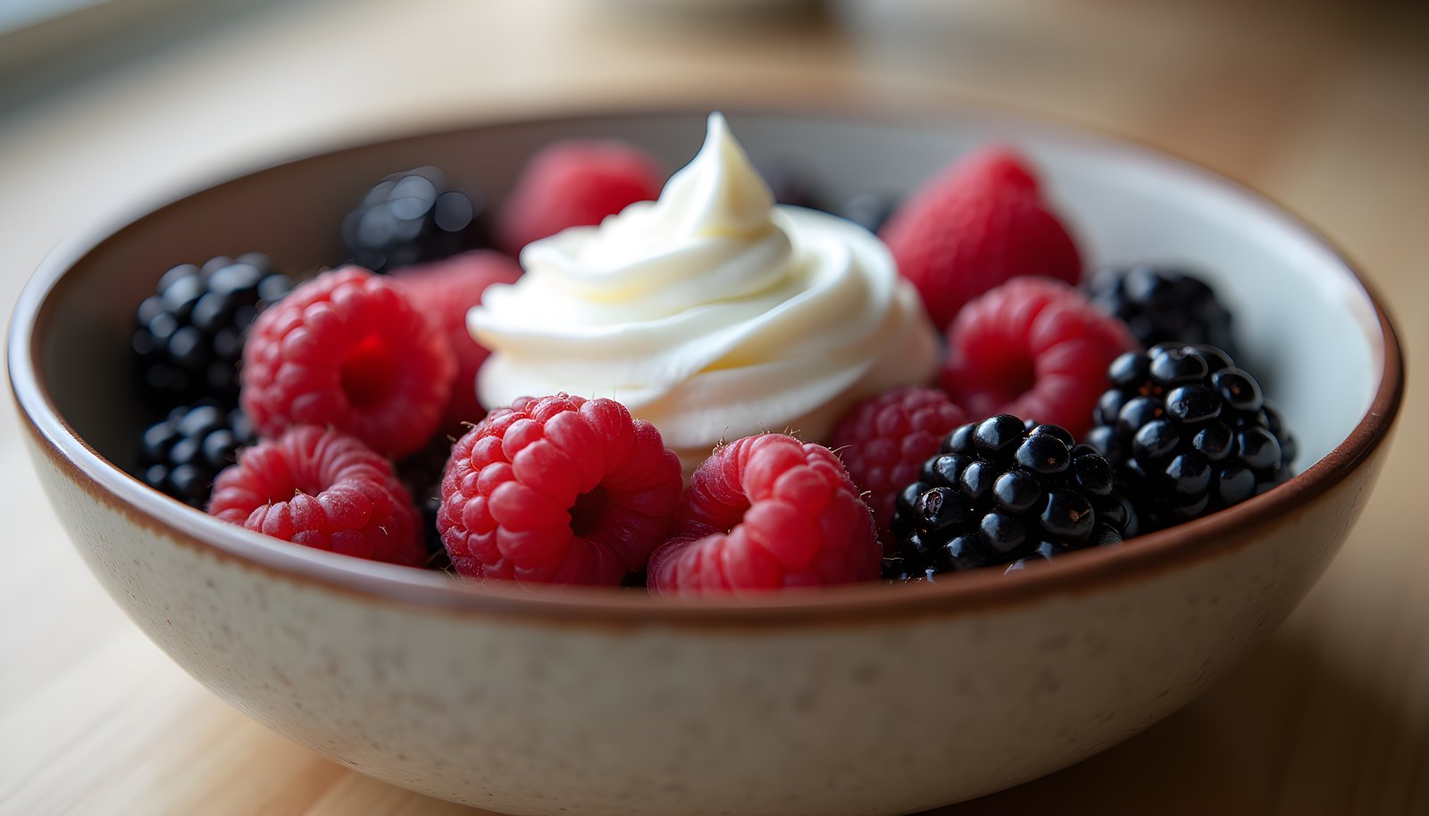 Whipped cream and fiber shown with a bowl of fresh raspberries and blackberries topped with a swirl of whipped cream
