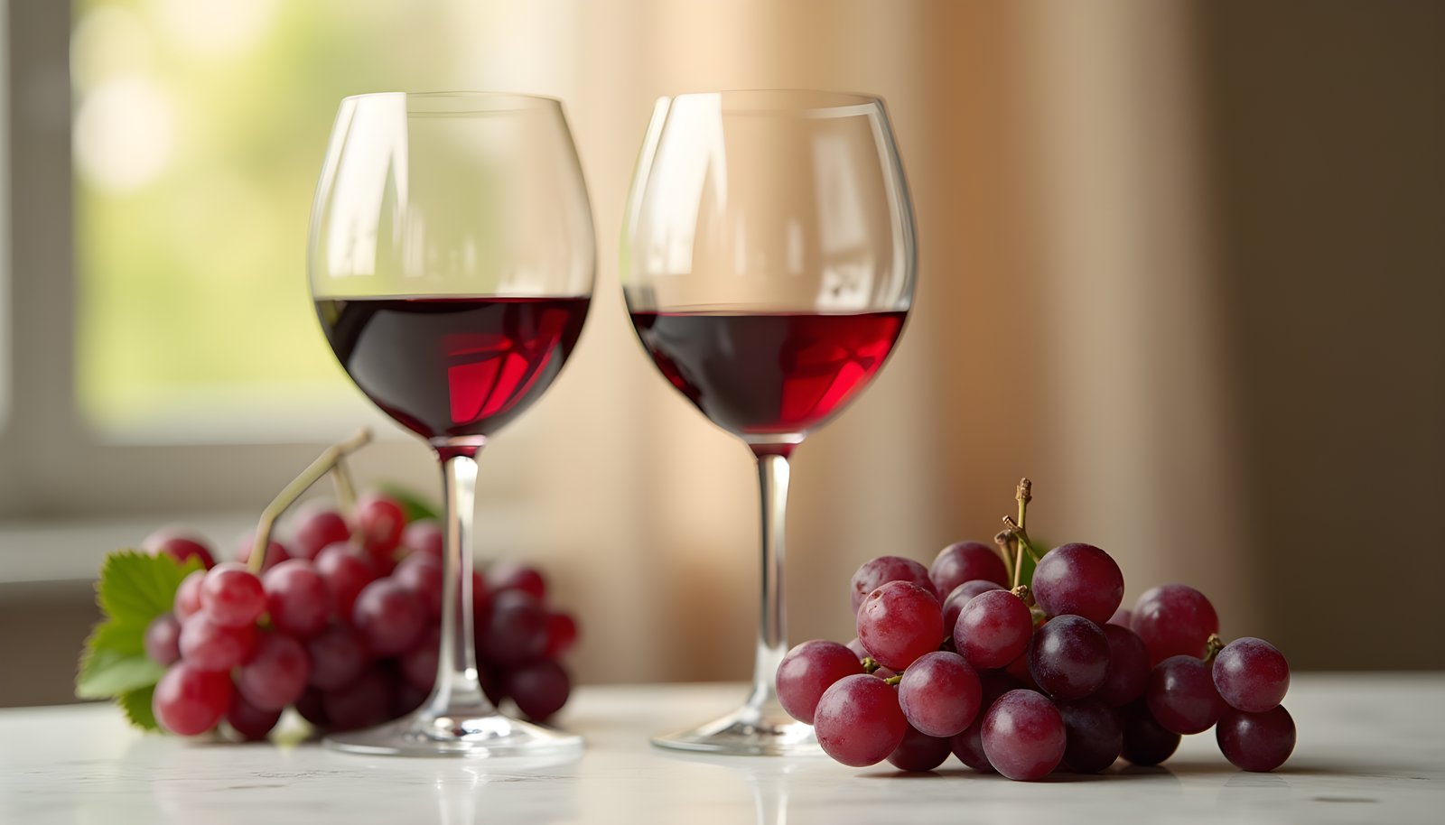Wine and fiber shown with two glasses of red wine on a table beside bunches of fresh red grapes by a window