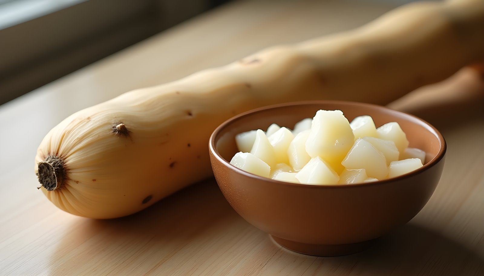 Yuca fiber shown with a long whole brown yuca root on a wooden table beside a bowl of boiled white yuca chunks