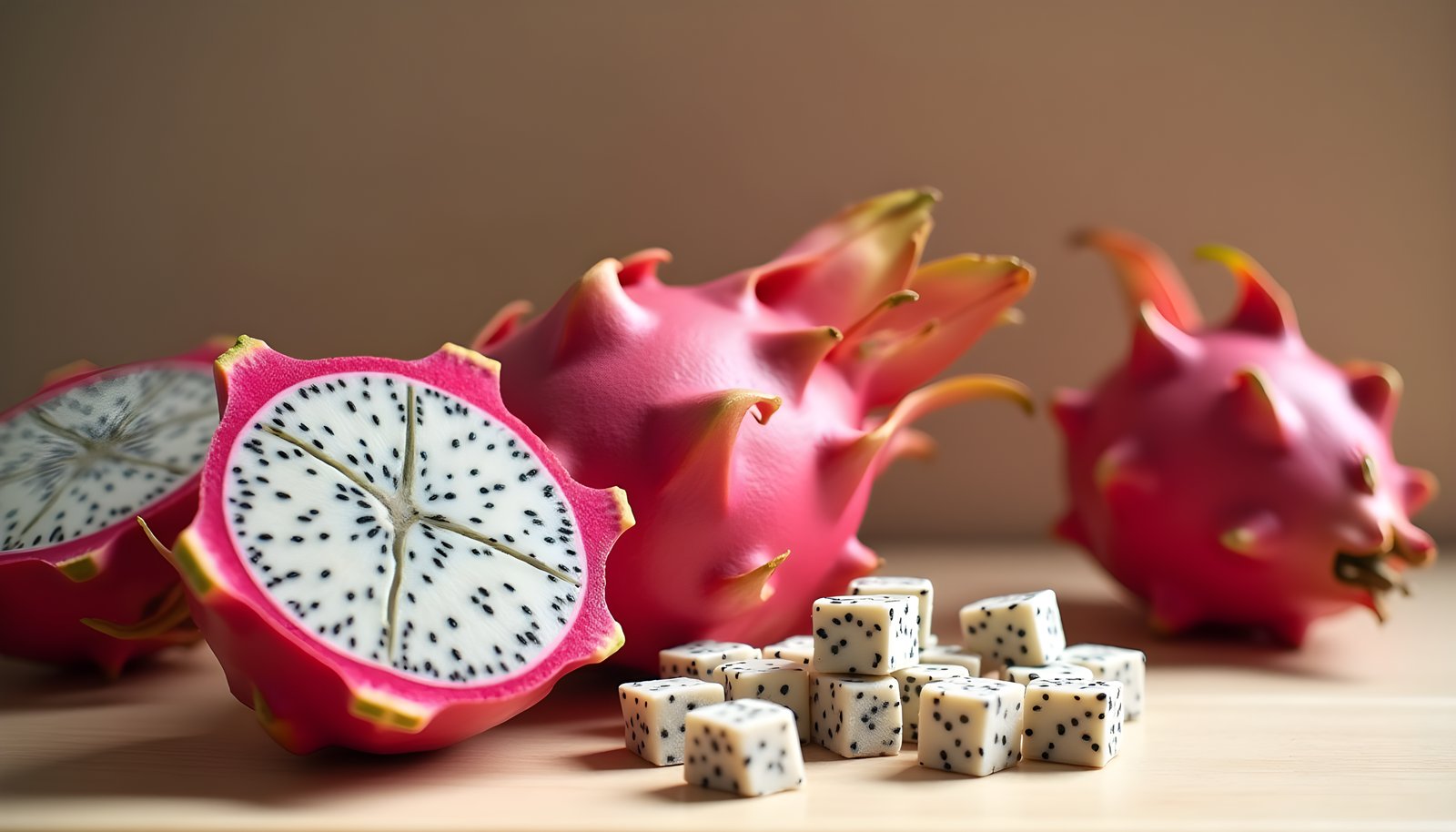 Dragon fruit fiber shown with whole pink dragon fruit, a half showing white flesh and black seeds, and small cubes