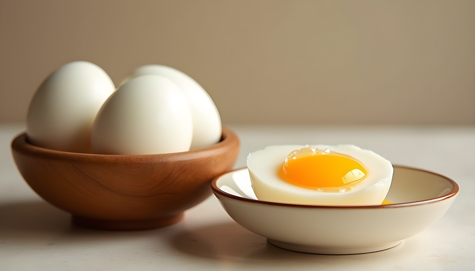 Duck egg fiber shown with large pale duck eggs in a wooden bowl and a duck egg cooked sunny side up in a dish