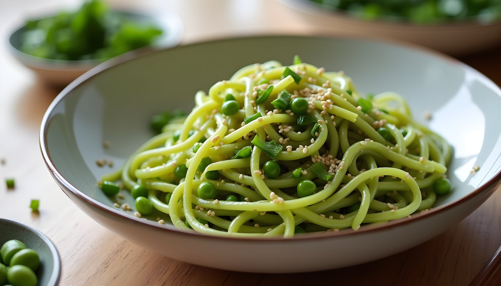 Edamame pasta fiber shown with a bowl of bright green edamame noodles with sesame seeds and green soybeans