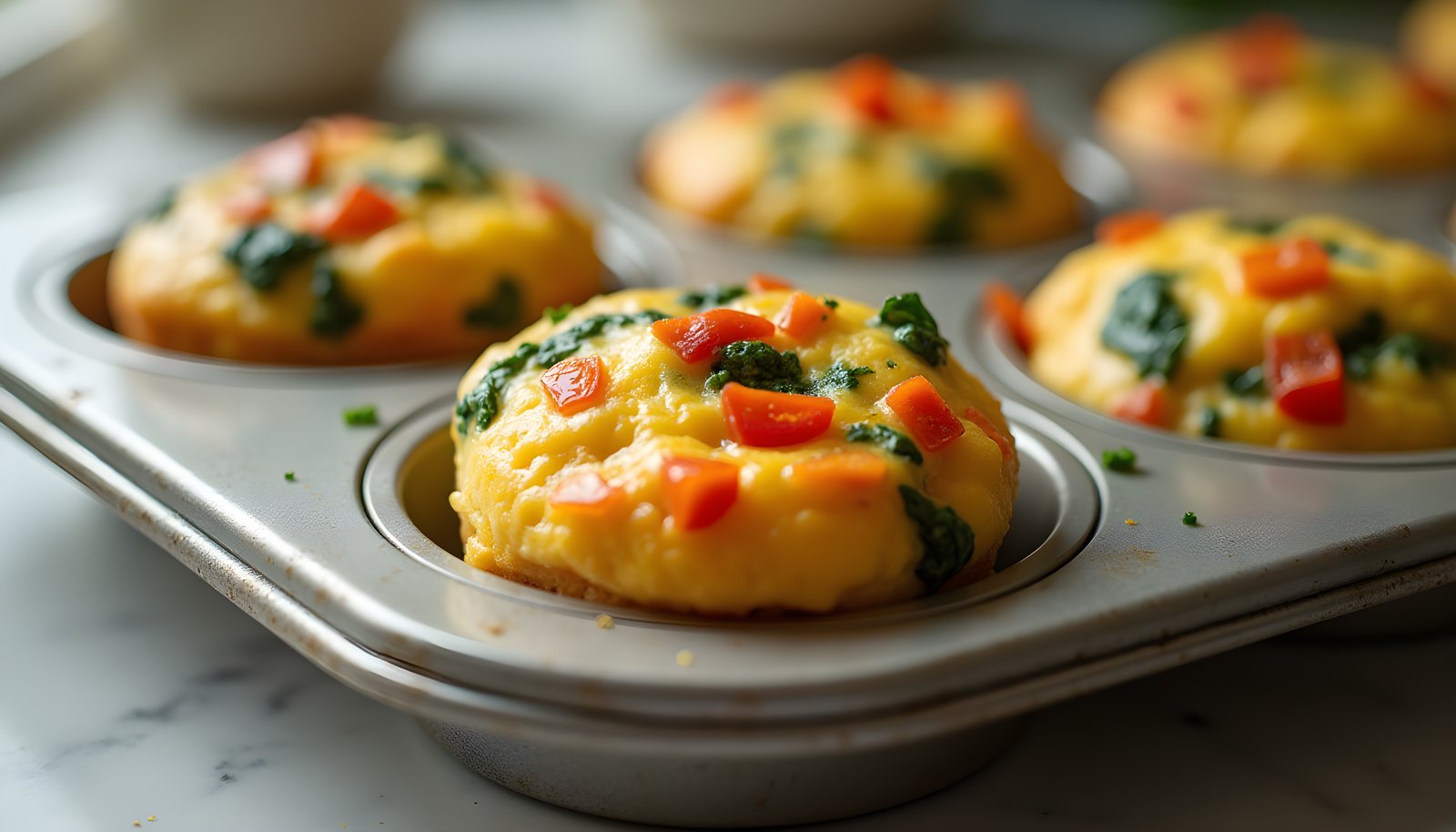 Egg muffin fiber shown with baked egg muffins studded with spinach and red pepper in a metal muffin tin