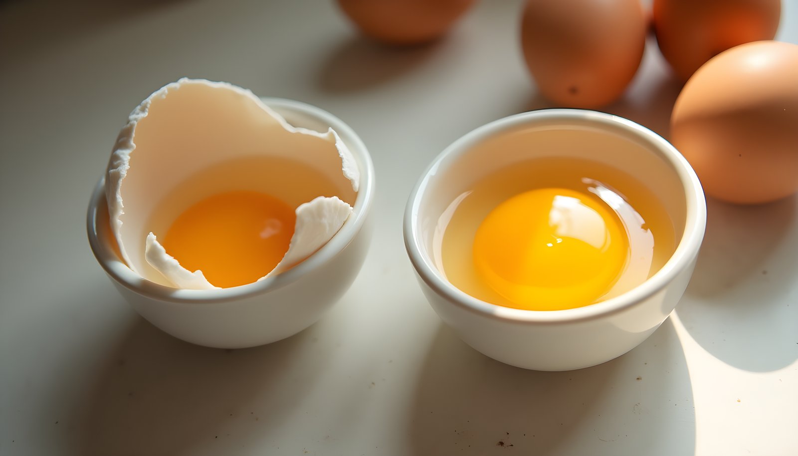 Egg white vs yolk fiber shown with a cracked egg in a bowl, a separated golden yolk in another bowl and whole eggs