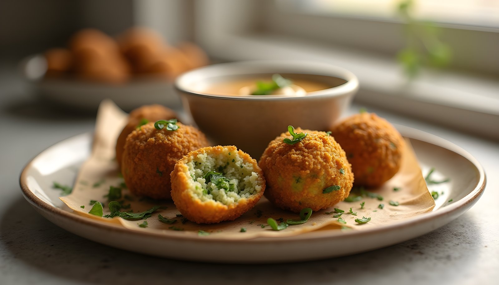 Falafel fiber shown with crispy golden falafel on a plate, one broken open to show a green herb center, and tahini sauce