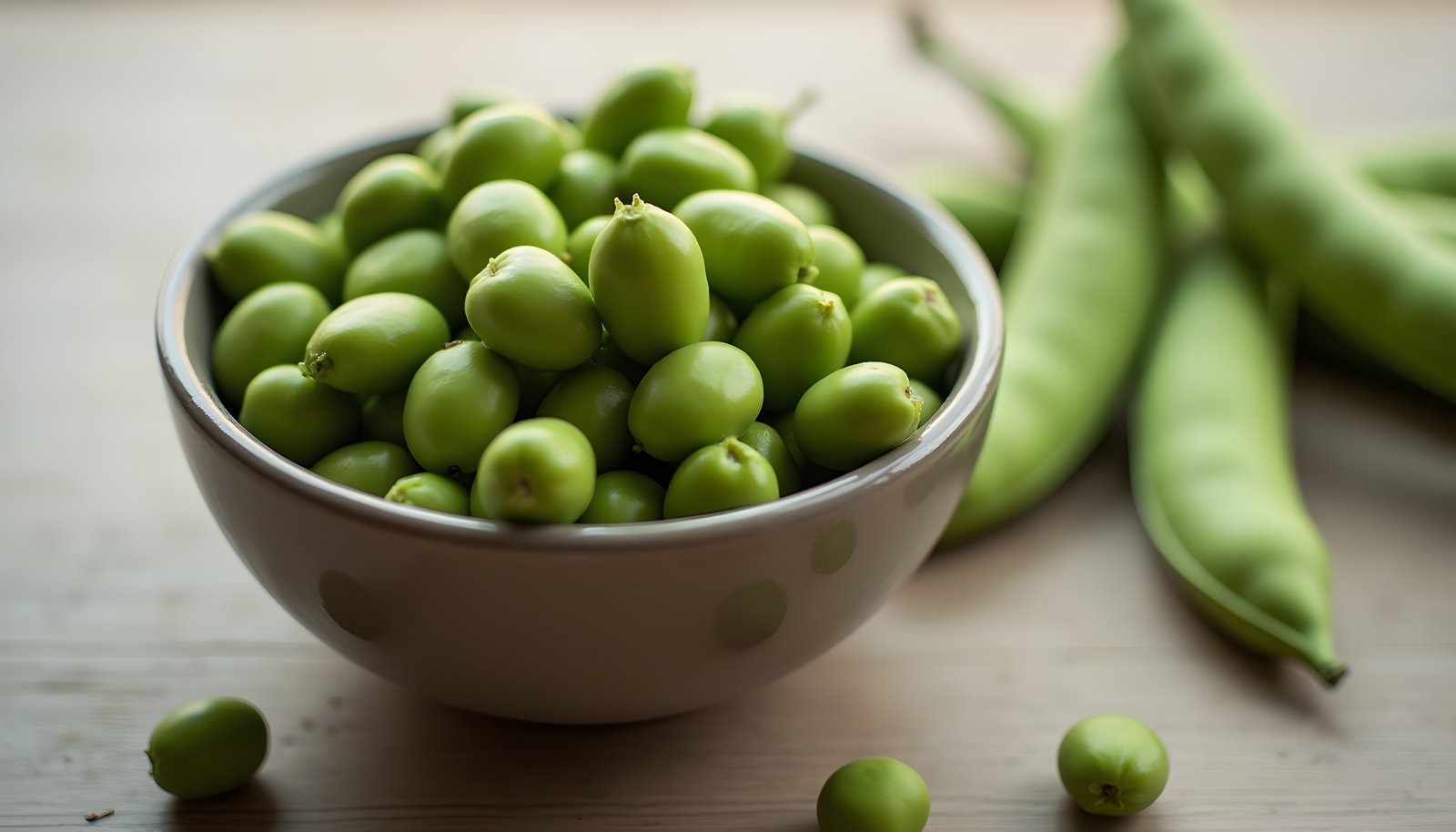 Fava bean fiber shown with a bowl of bright green shelled fava beans beside long fresh fava pods on a wooden table