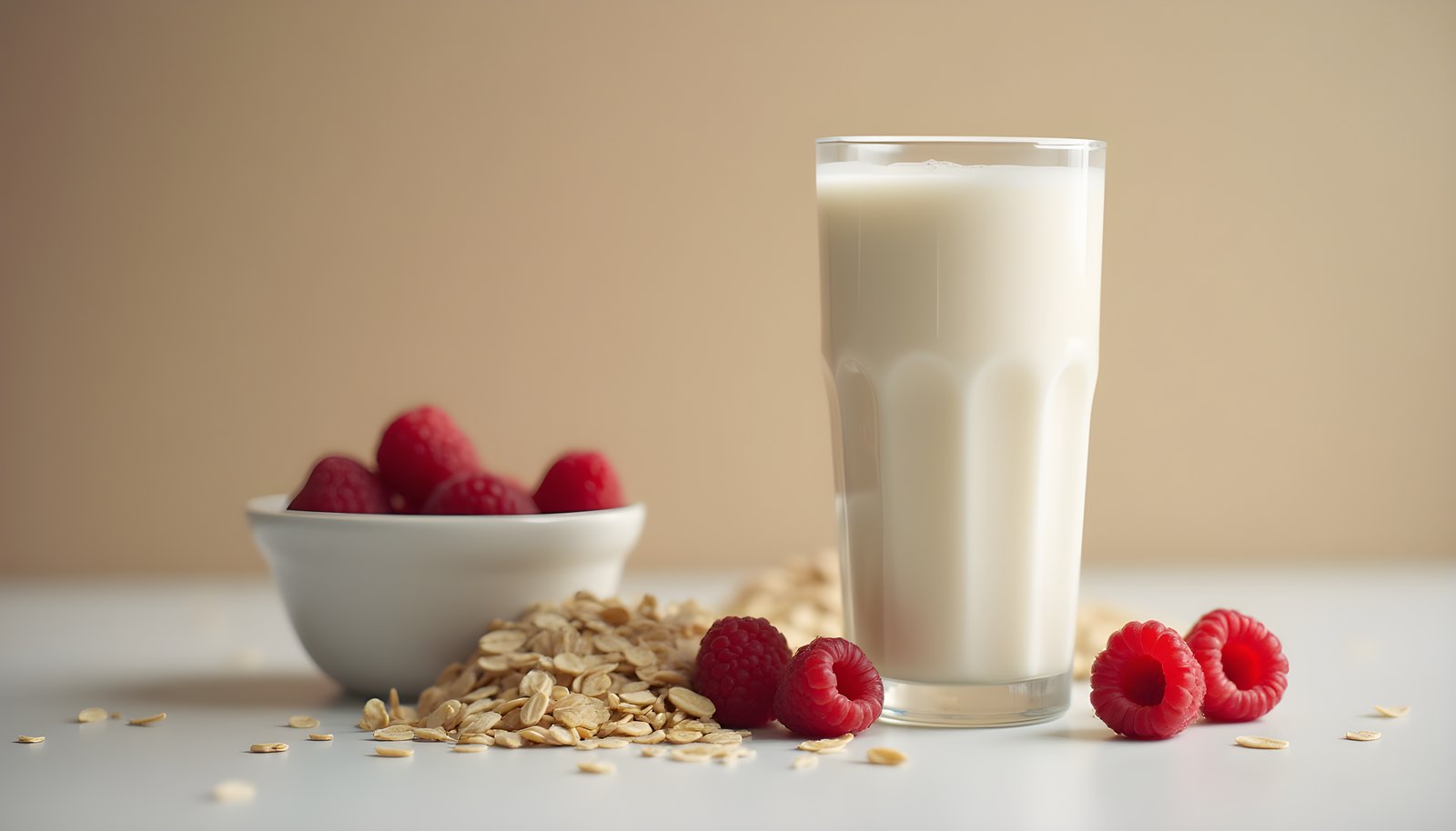 Fiber fortified dairy alternative shown with a tall glass of plant milk beside a bowl of raspberries and scattered oats