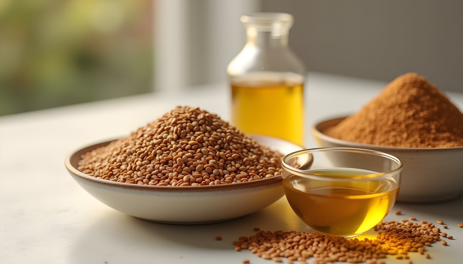 Flaxseed fiber shown with a bowl of whole brown flaxseeds, a bowl of ground flax and a small dish of golden flax oil