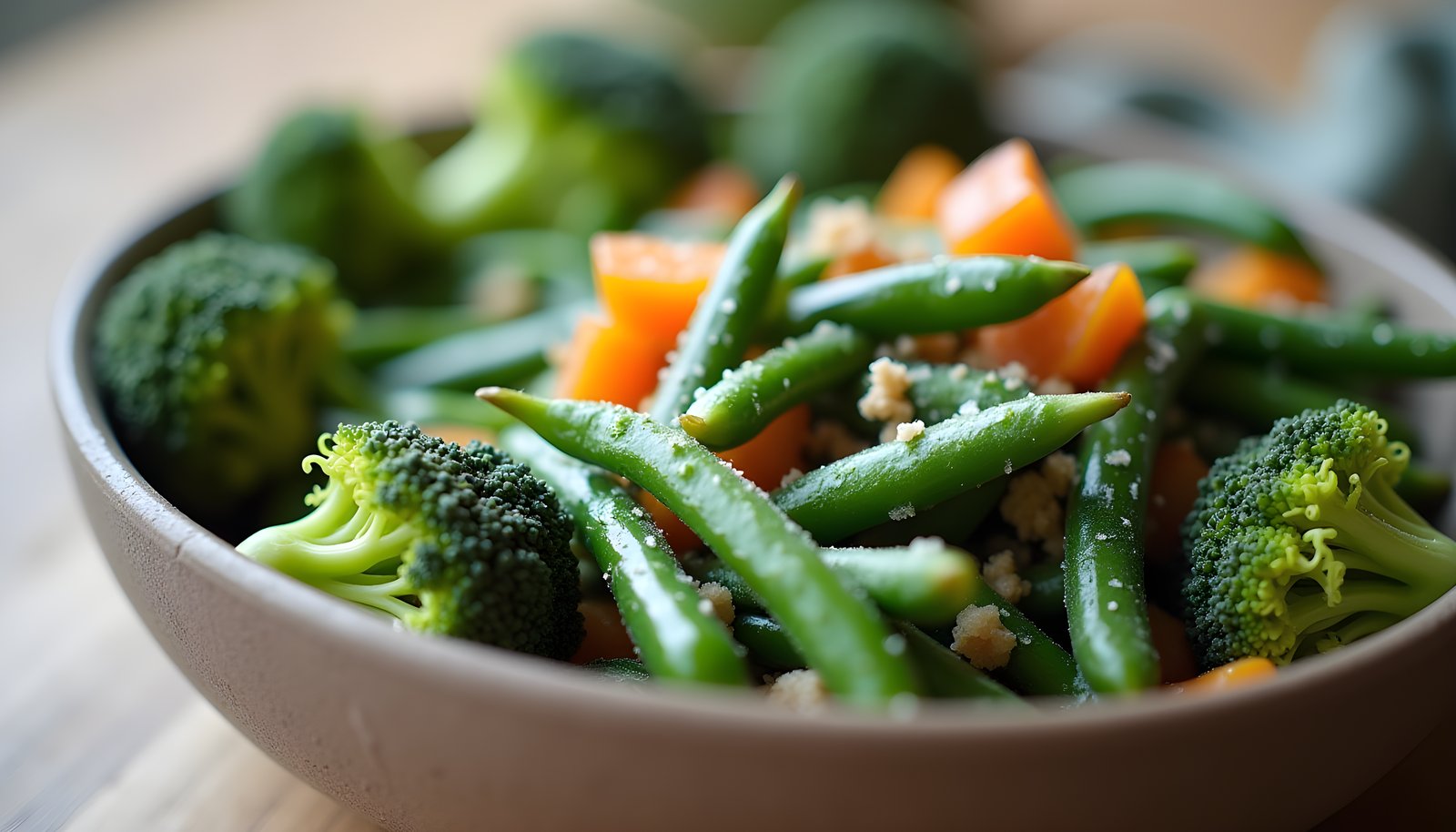 Fresh vs frozen vegetable fiber shown with a bowl of mixed green beans, broccoli and carrots glistening with frost