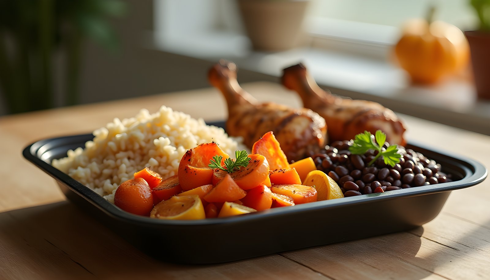 High fiber frozen meal shown in a black tray with brown rice, black beans, roasted vegetables and chicken pieces