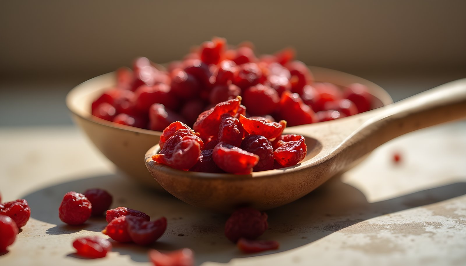 Goji berry fiber shown with a bowl and wooden spoon full of bright red dried goji berries with loose berries scattered