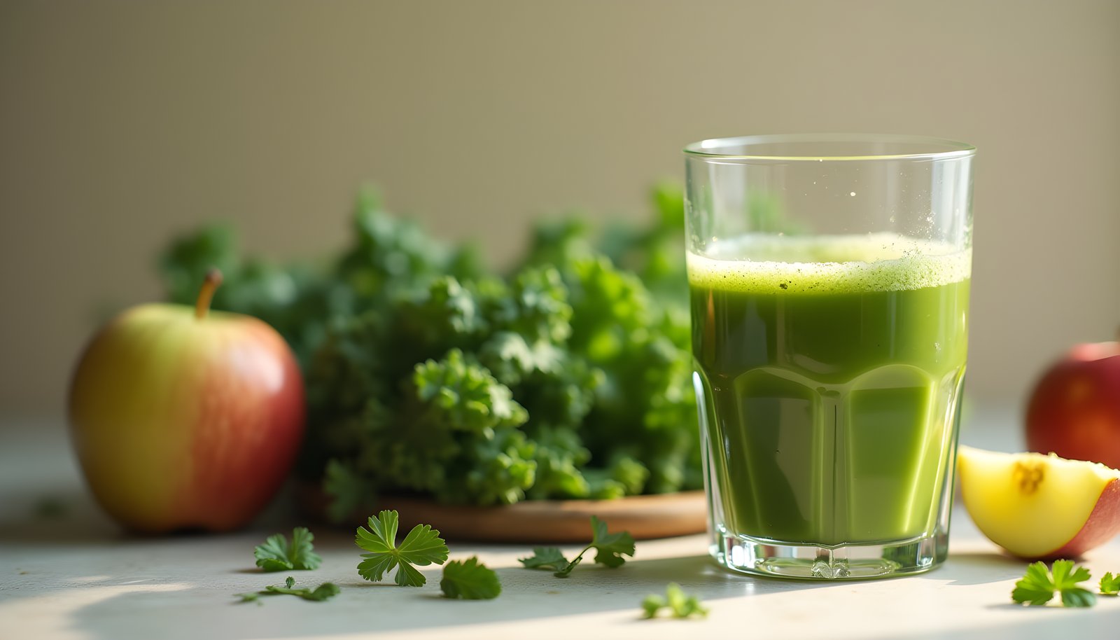 Green juice vs smoothie fiber shown with a glass of bright green juice beside fresh kale and green apples