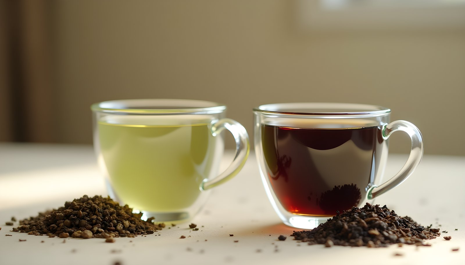 Green tea vs black tea fiber shown with a glass cup of pale green tea beside a cup of dark black tea and loose leaves