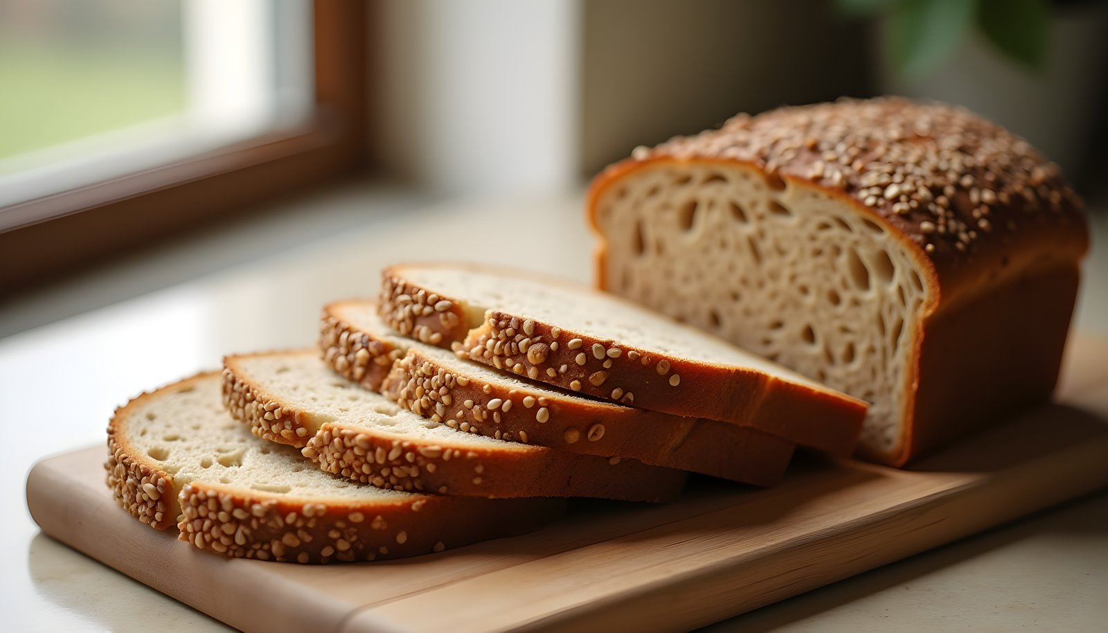 High fiber bread shown with a seeded whole grain loaf and thick slices fanned out on a wooden cutting board by a window