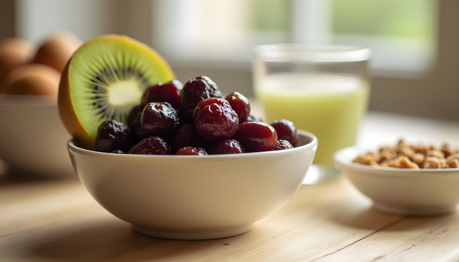 High fiber foods for constipation: a bowl of prunes topped with a halved kiwi, bran cereal and a glass of juice