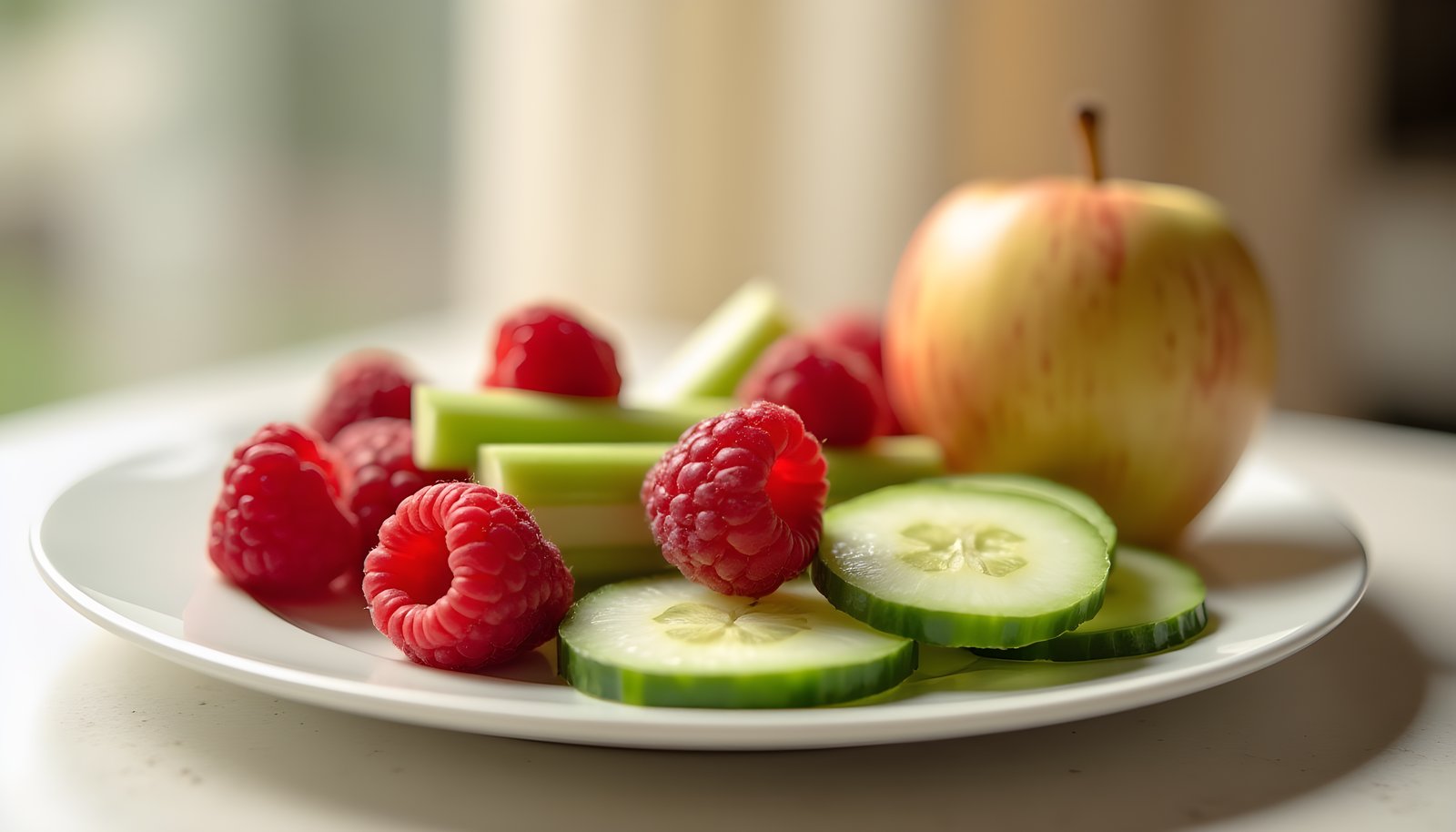Low calorie high fiber snack plate with raspberries, cucumber rounds and celery sticks beside a fresh red apple