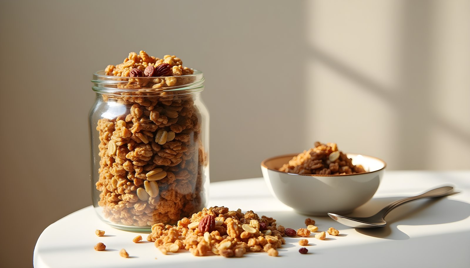High fiber granola shown with a glass jar of crunchy oat granola with nuts, a small bowl of granola and a spoon