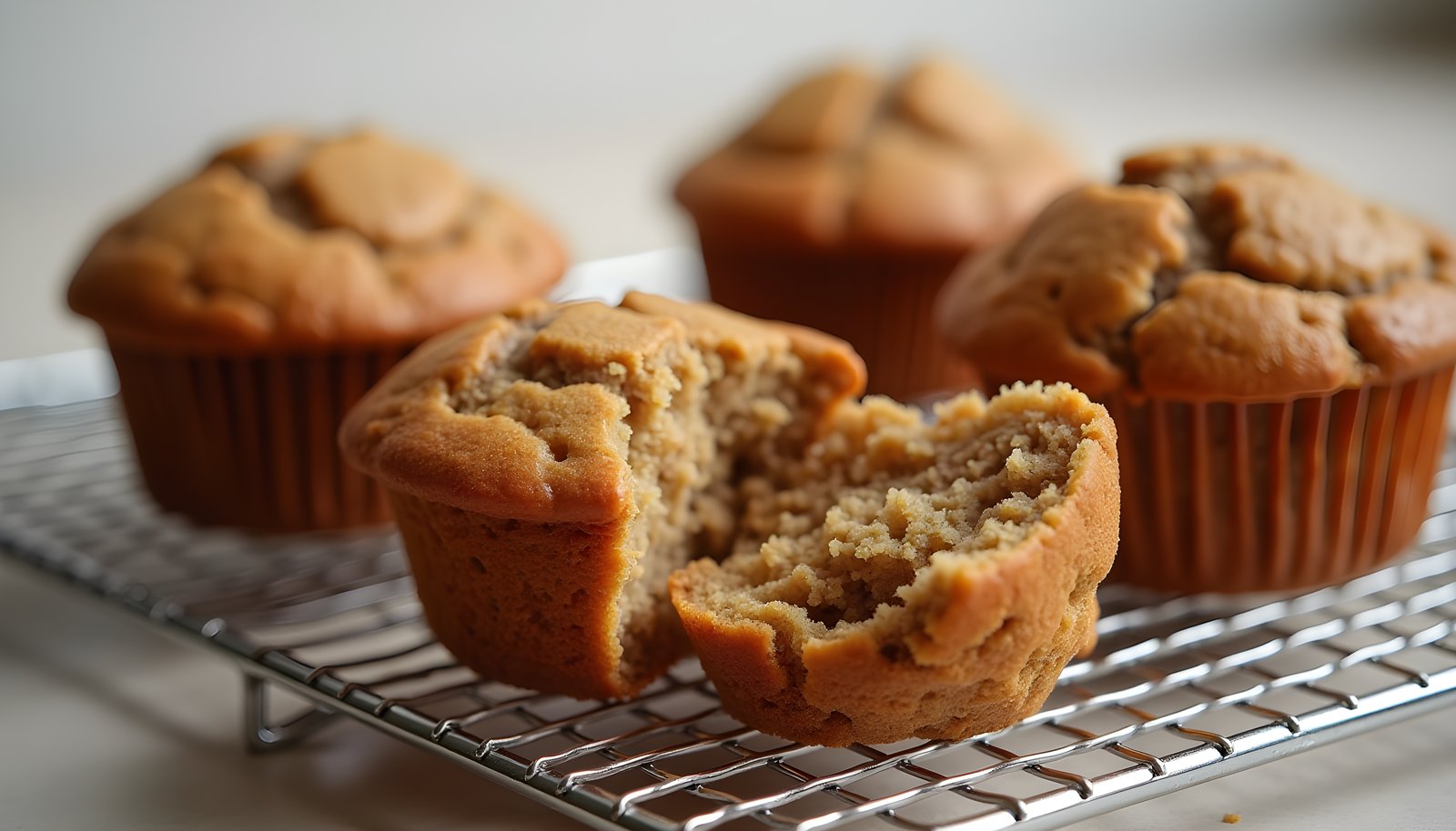 High fiber muffins shown with golden bran muffins on a wire cooling rack, one broken open to show the crumb