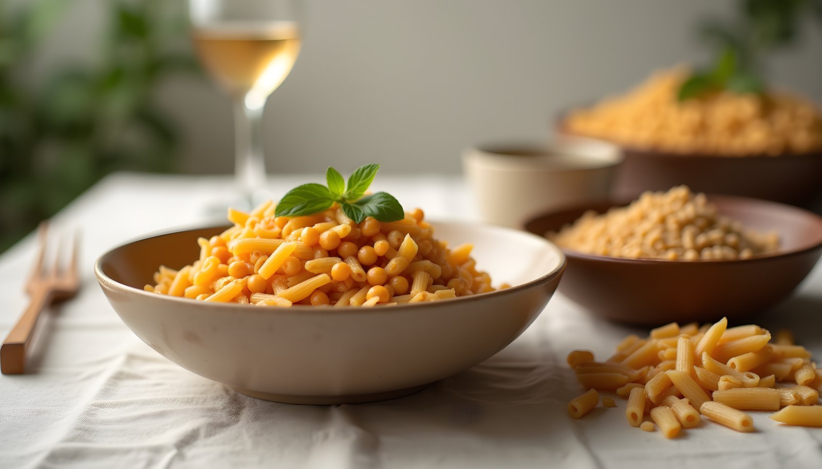 High fiber pasta shown with a bowl of chickpea pasta, bowls of other pasta and dry penne on a cloth covered table
