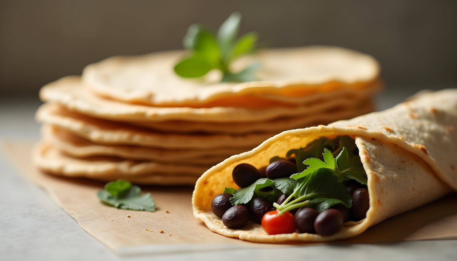 High fiber tortillas shown with a stack of whole wheat tortillas and a folded wrap filled with black beans and greens