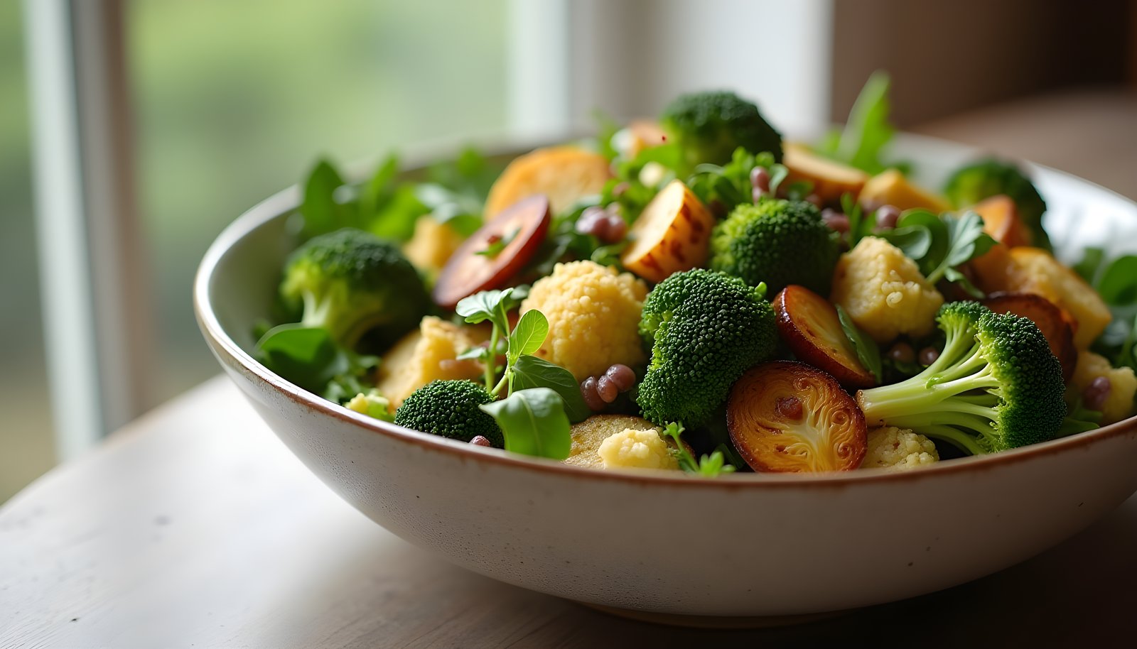 High fiber vegetables for weight loss shown in a big bowl of broccoli, cauliflower, roasted vegetables and greens