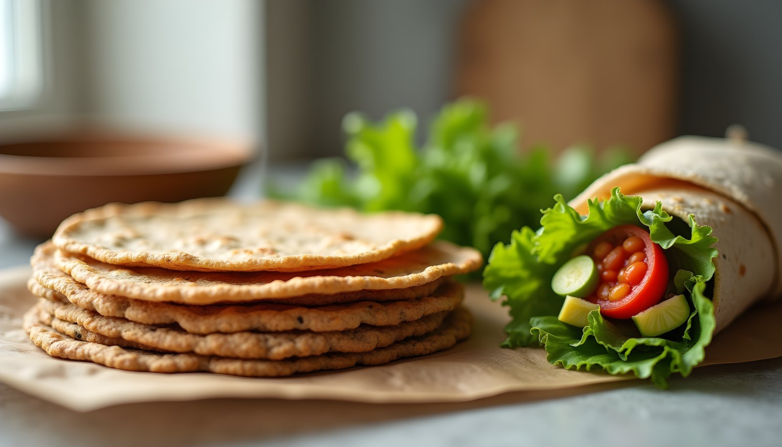 High fiber wraps and flatbreads shown with a stack of whole grain flatbreads and a rolled wrap packed with salad