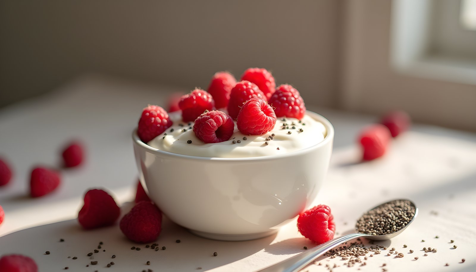 High protein high fiber yogurt shown in a bowl of thick greek yogurt topped with raspberries and a spoonful of chia seeds