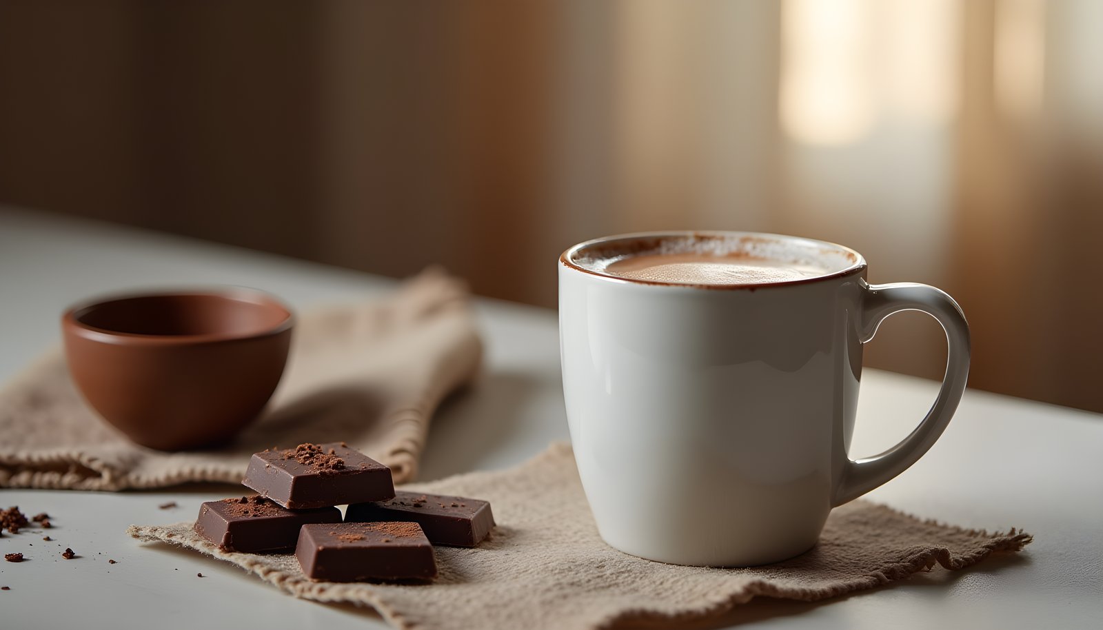 Hot chocolate fiber shown with a white mug of hot cocoa, a small bowl of cocoa and pieces of dark chocolate on linen
