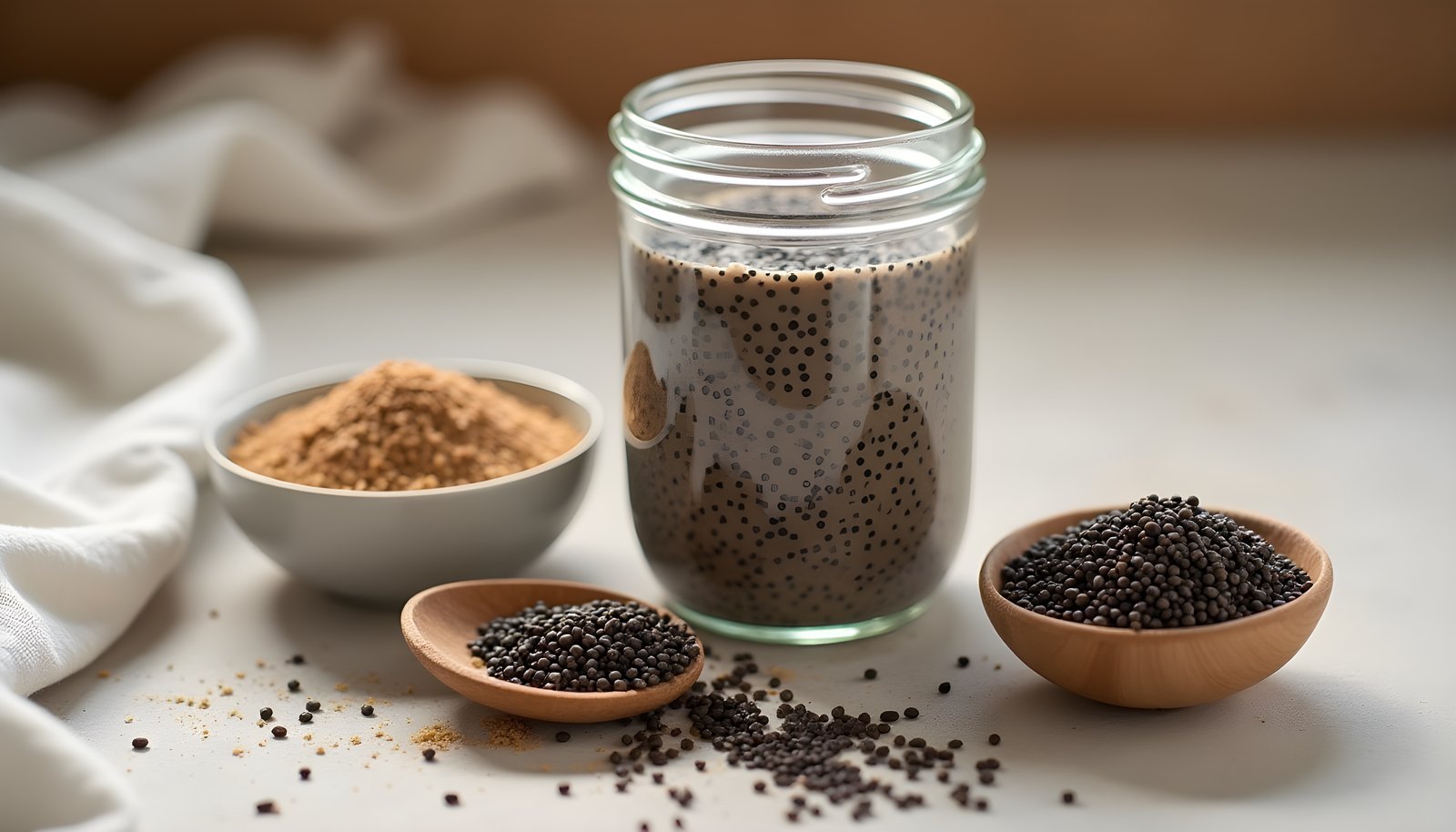 Chia seed fiber shown with a glass jar of chia pudding, small bowls of black chia seeds and a wooden spoon of seeds