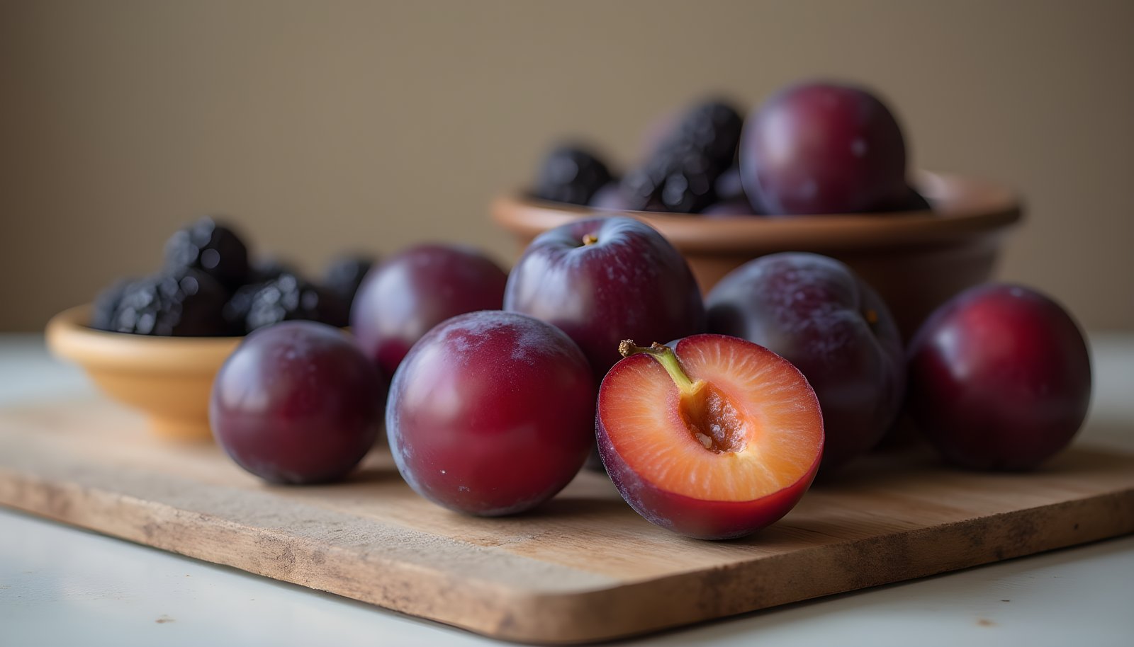 Plum fiber shown with ripe purple plums, one plum cut in half to show the flesh, and a bowl of dark prunes behind