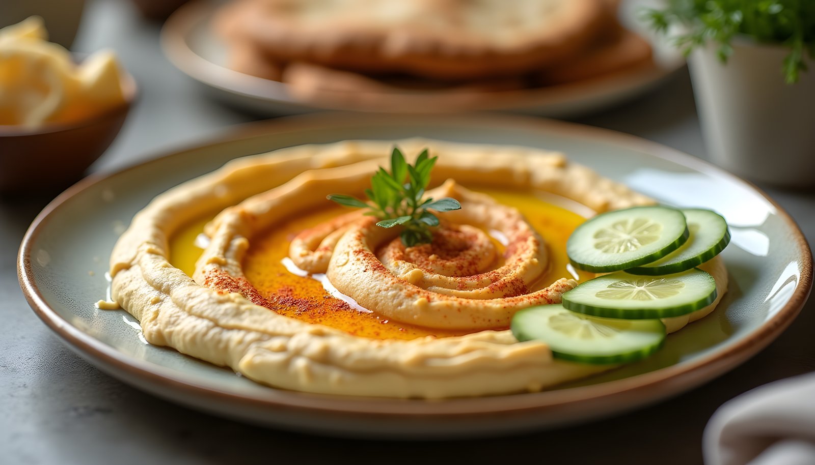 Hummus fiber shown with a plate of swirled hummus drizzled with olive oil and paprika beside cucumber slices and pita
