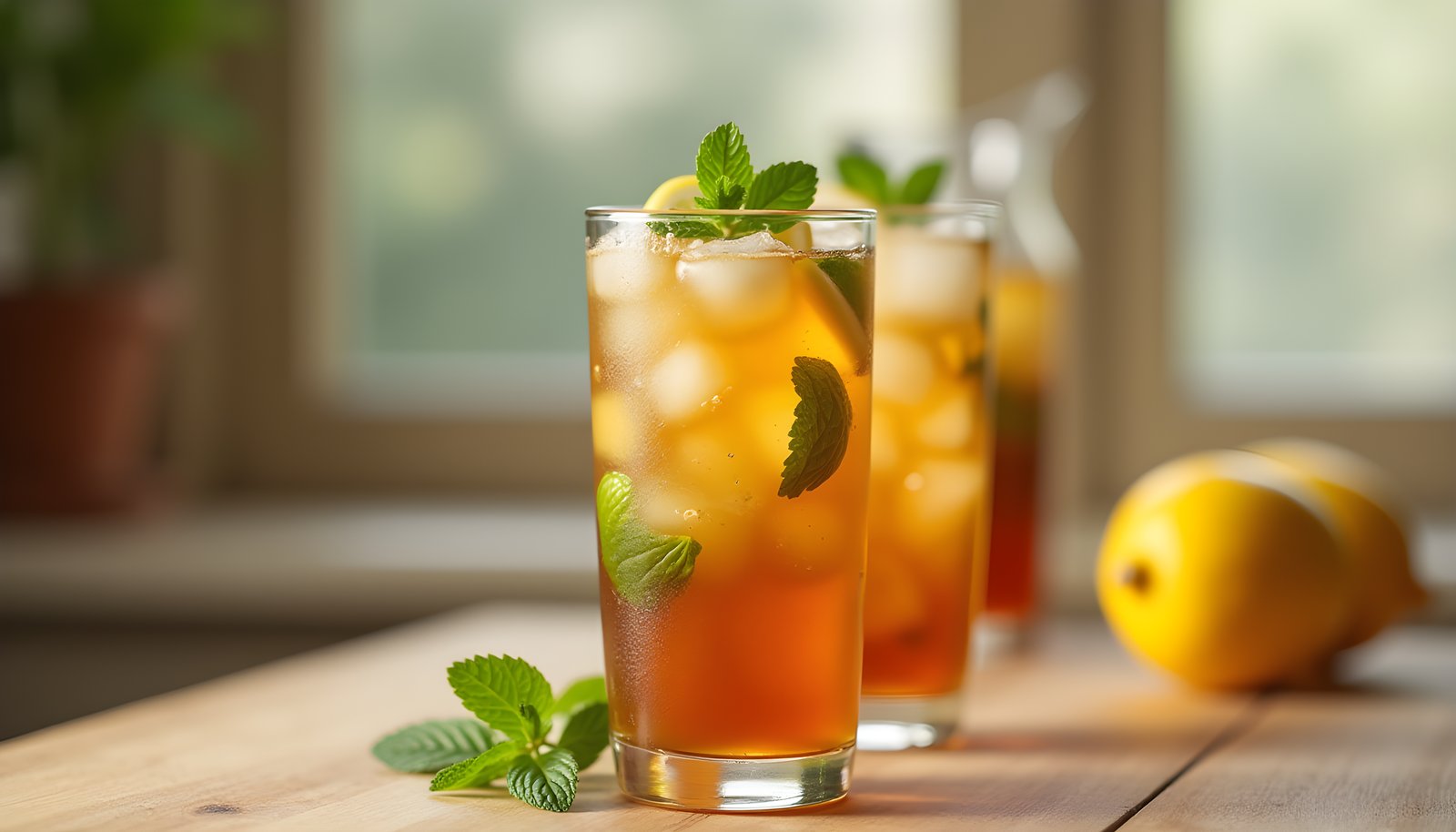 Iced tea fiber shown with tall glasses of iced tea with ice cubes, lemon and fresh mint leaves by a sunny window