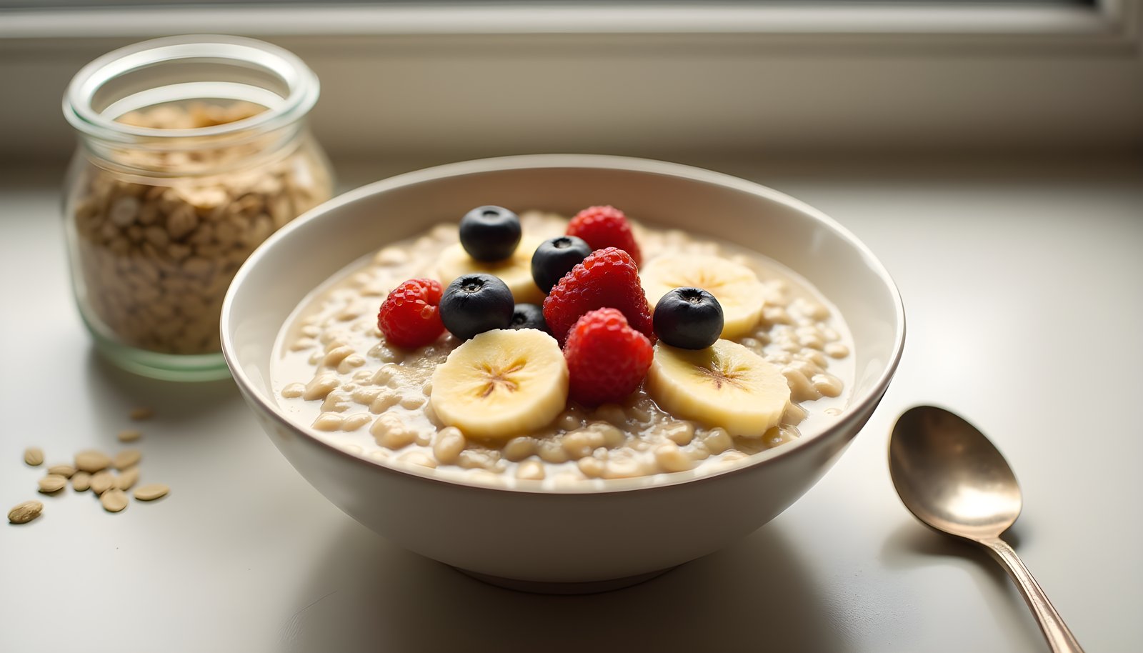 Oatmeal fiber shown in a bowl of creamy oatmeal topped with banana slices and berries beside a glass jar of rolled oats