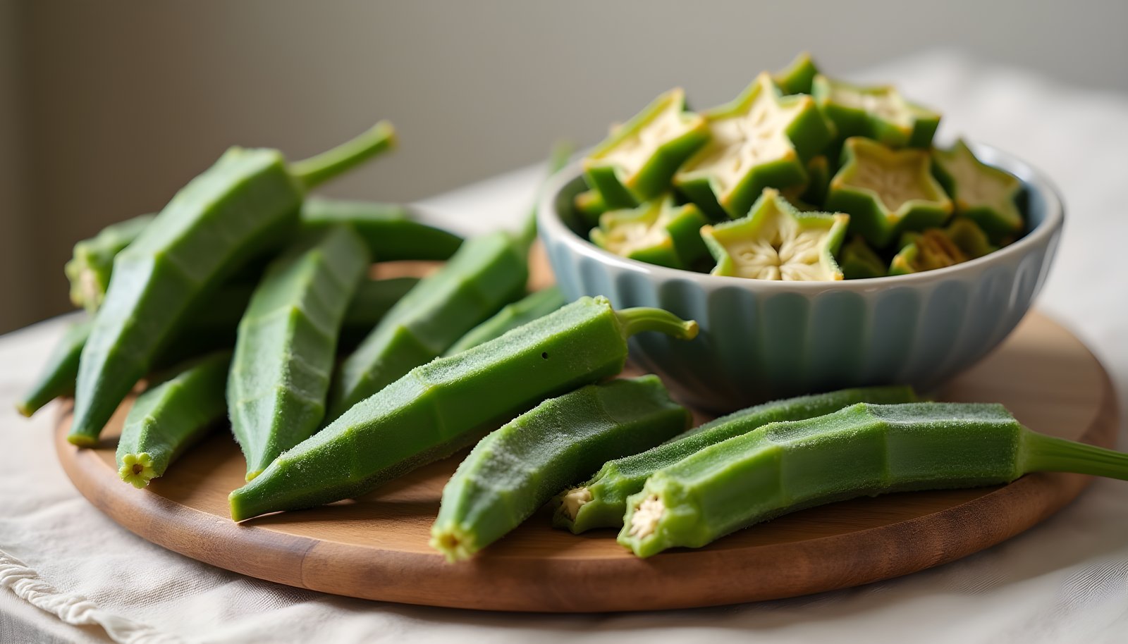 Okra fiber shown with whole fresh green okra pods on a wooden board beside a bowl of sliced star-shaped okra rounds