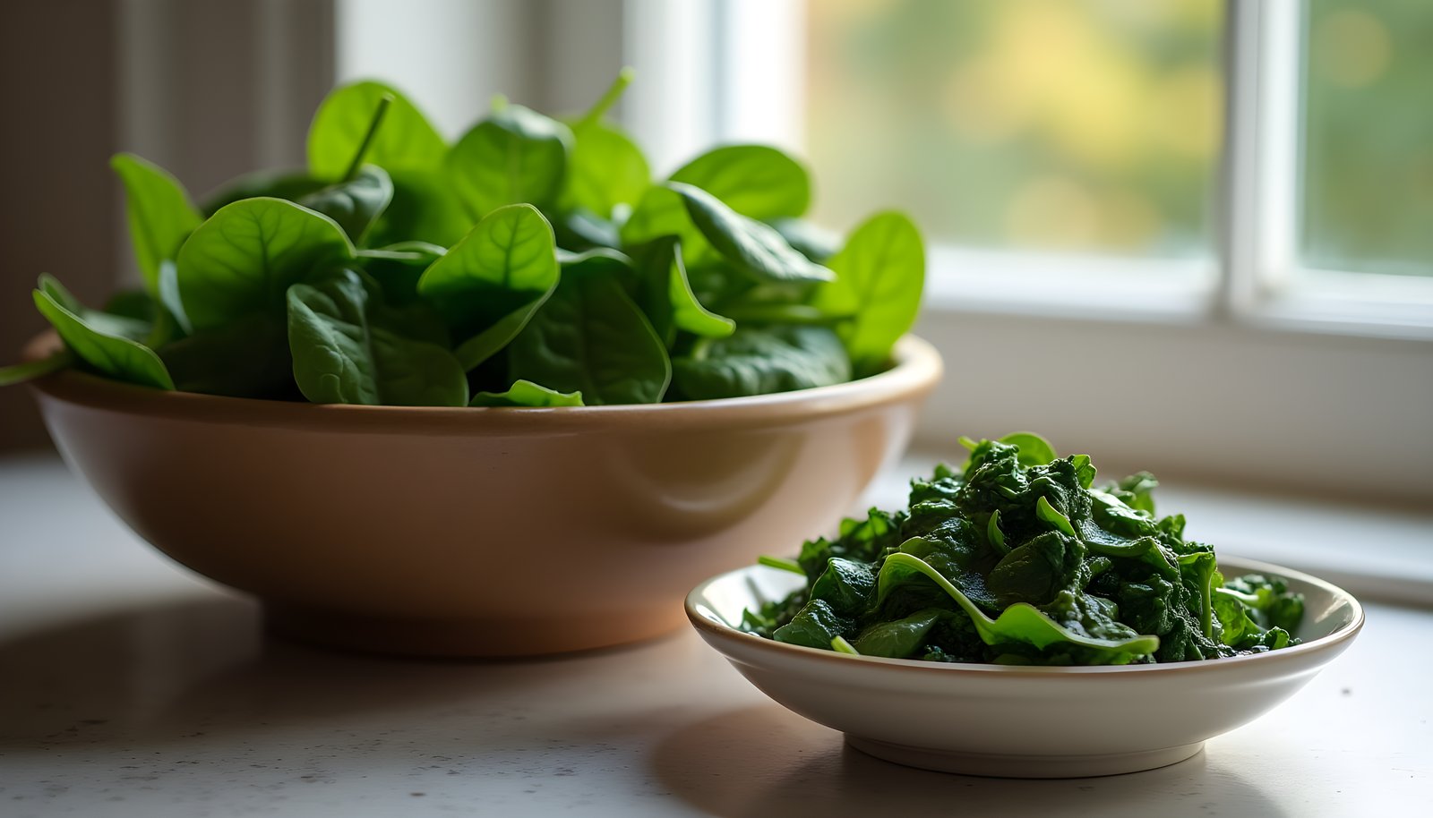 Spinach fiber shown with a large bowl of fresh baby spinach leaves and a smaller dish of cooked dark green spinach