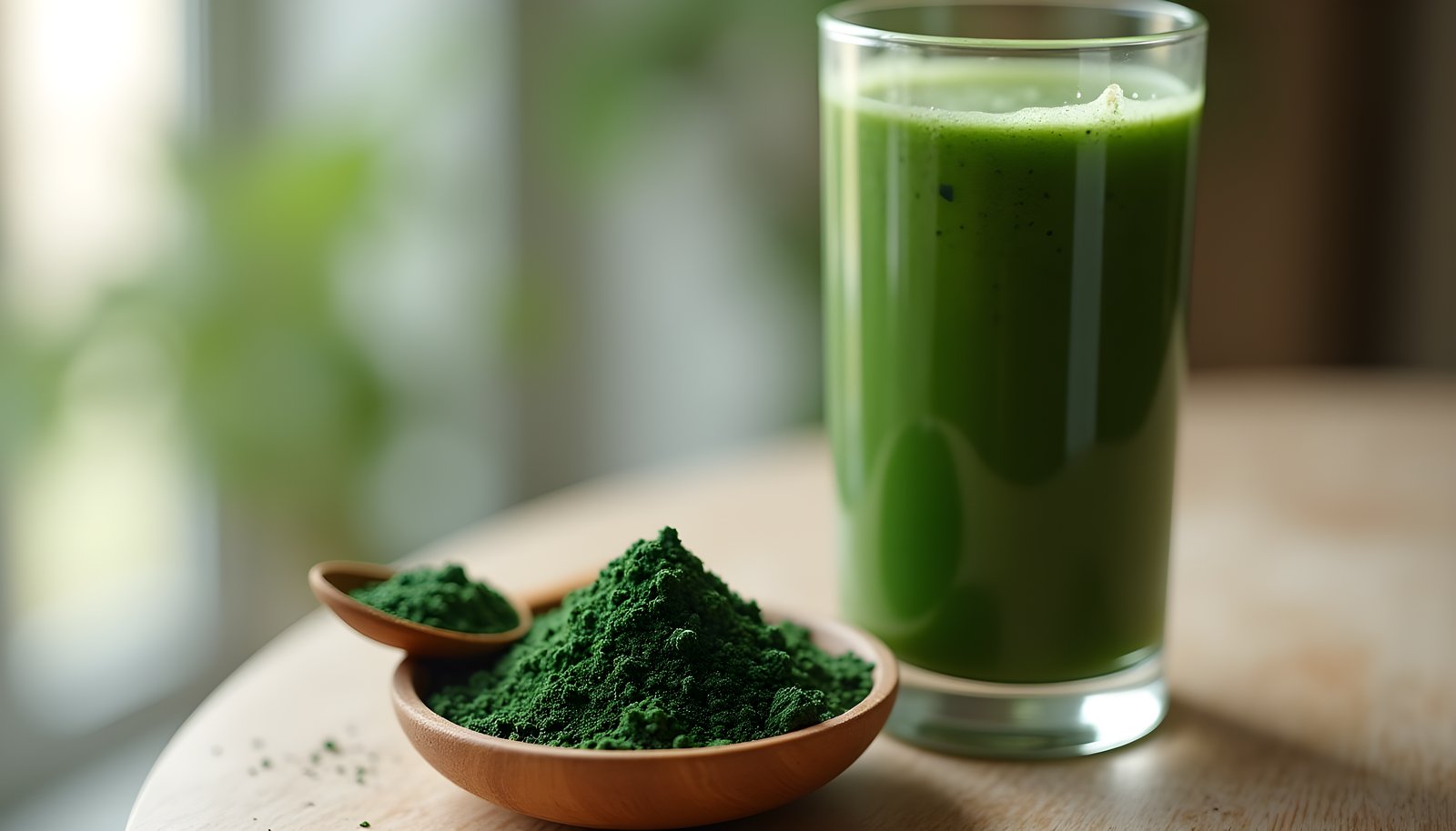Spirulina fiber shown with small dishes of deep green spirulina powder beside a tall glass of green smoothie